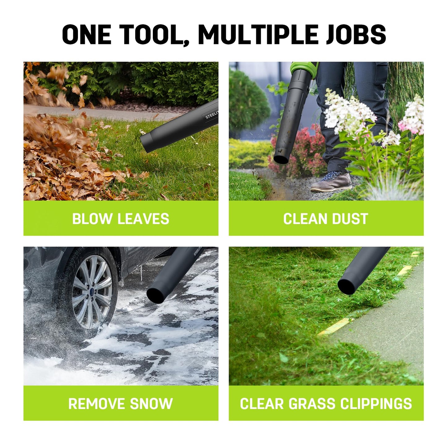 STEELITE 21V Cordless Leaf Blower – 600CFM 150MPH, Lightweight & Powerful, 2×2.0Ah Batteries, Ideal for Garden, Patio, Dust & Leaves – Green