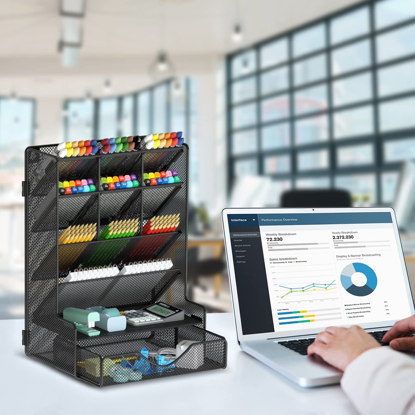 BOHDK Pen Organizer for Desk, Multi-Functional Desk Organizer, Hanging Wall Pen Holder with Drawer for School, Office, Home, Art Supplies, Black