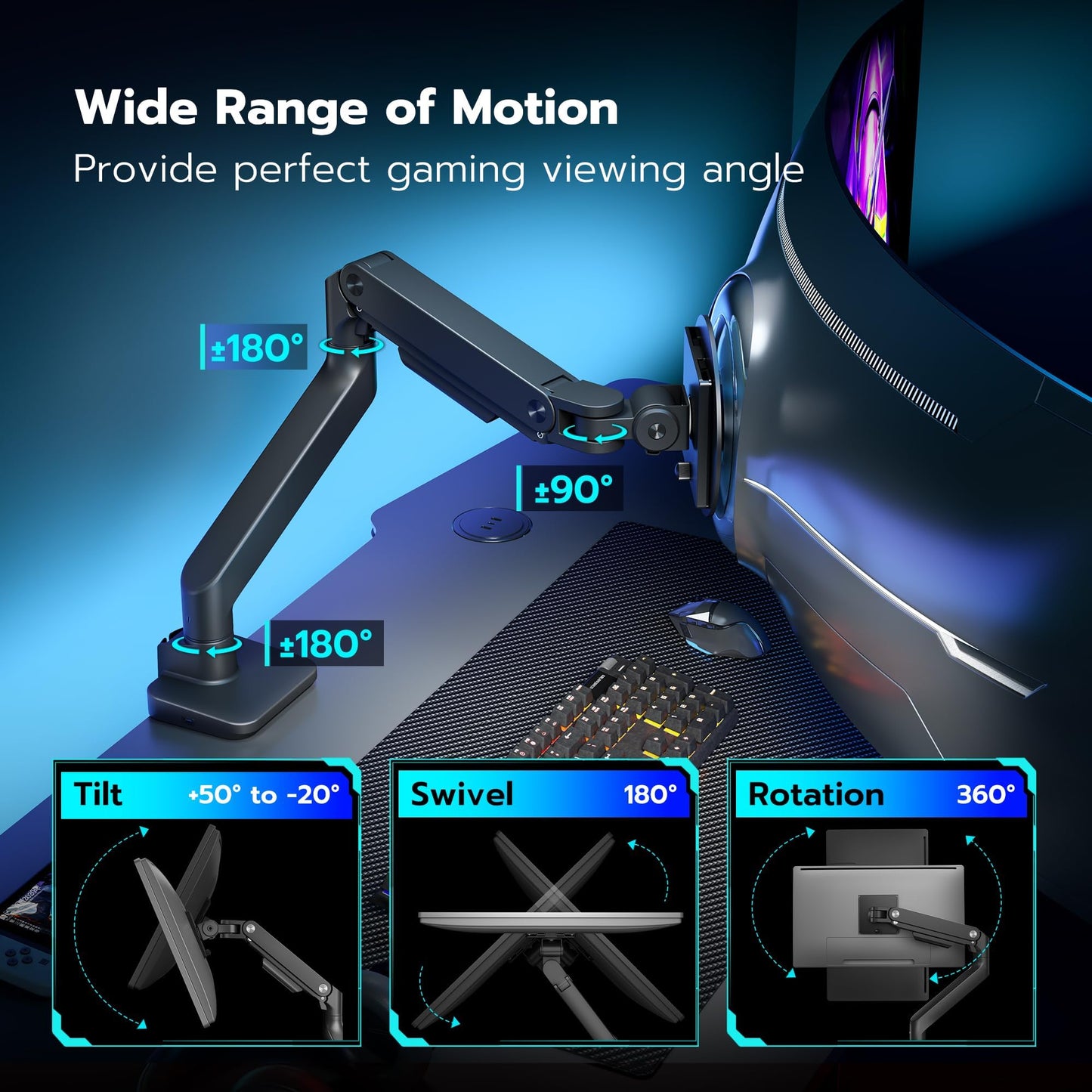 ARES WING Ultrawide Monitor Arm with USB A/C, for 17 to 49 inch Heavy Duty Screen, Holds 44 lbs, Adjustable Gas Spring Arm Desk Mount with Clamp and Grommet Base, Black