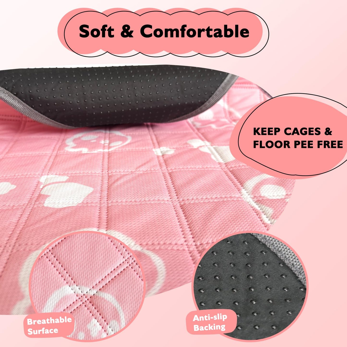 Mooydee 4 Pack Guinea Pig Bedding - Washable Guinea Pig Liners for Midwest Cage, Waterproof Reusable Pee Pads Super Absorbent Mats for Small Animals Pet Rabbit Bunny Hamster Rat (Pink, 48 x 24 Inch)