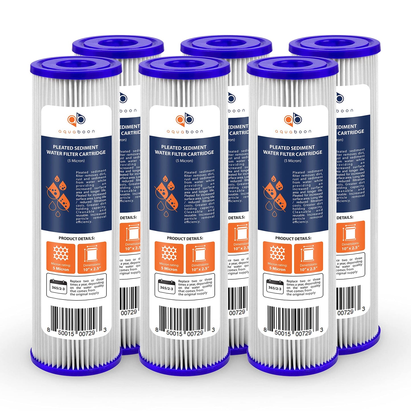 Aquaboon 5 Micron Pleated Water Filter 10 x 2.5 - Whole House Sediment Filter Replacement Cartridge Compatible with WFPFC3002, WHKF-WHPL, 6-Pack