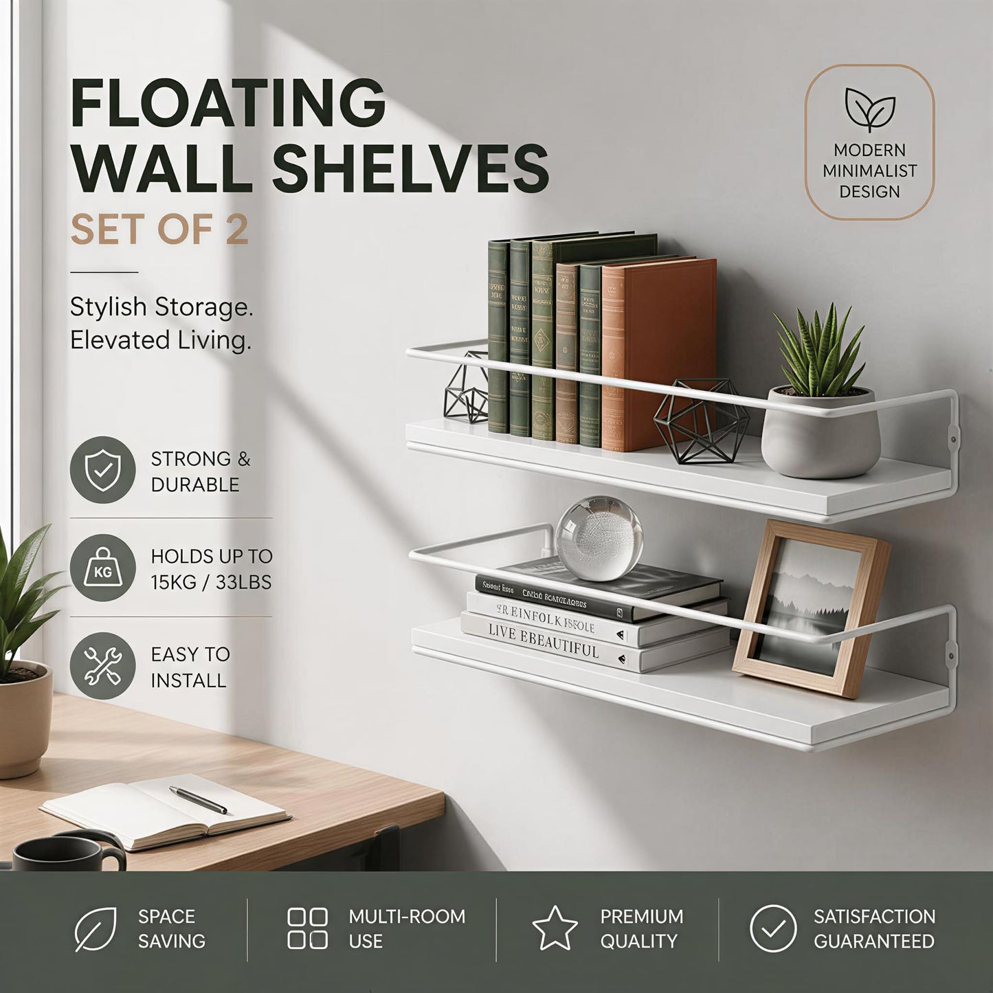 Floating Bathroom Shelves Set of 2 Wall Mounted Shelf with Black Metal Frame and Towel Rack for Bathroom Over Toilet Storage and Organizers for Bedroom Living Room Kitchen Office (White)