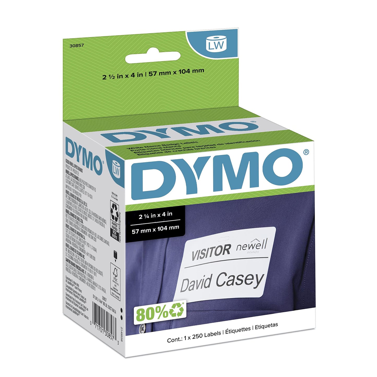 DYMO Authentic LW Name Badge Labels, DYMO Labels for LabelWriter Printers, White, 2-1/4" x 4", 1 Roll of 250