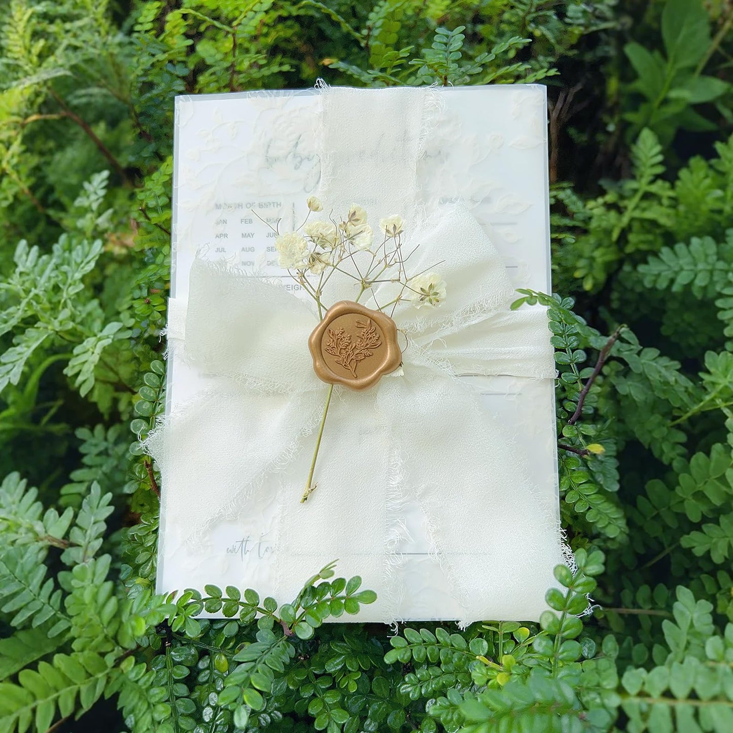 Wedding Invitation Accessories Kit, Pre-Folded Vellum Jackets for 5×7 Invitations with Wax Seal Stickers, Ribbon & Dried Flowers, Wedding Invitation Accessories for DIY Bridal Invites (50, White, Rose)