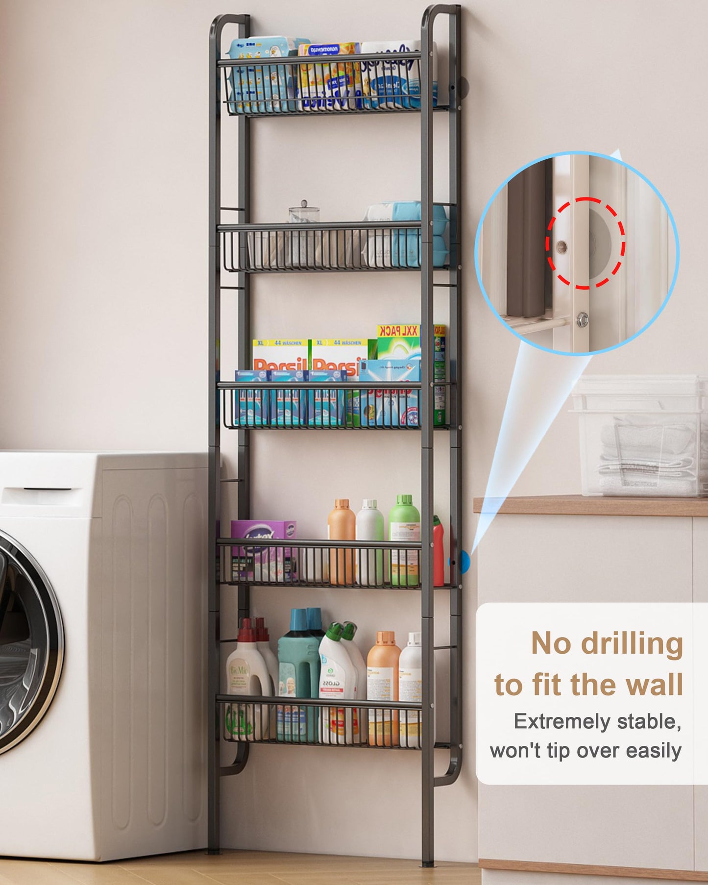 UMDONX Narrow Metal Storage Shelf Bathroom Organizer 5 Tier, Kitchen Behind Door Shelves Multifunctional Bookshelf (Black Width 9.5cm)
