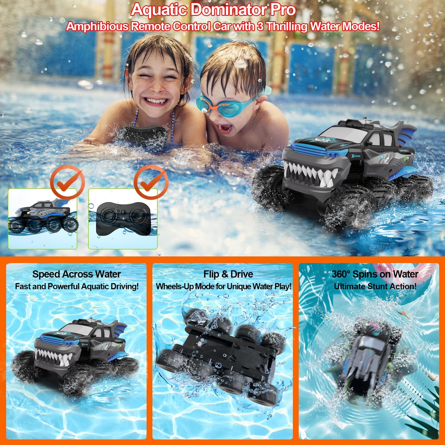 Amphibious Remote Control Car 8WD RC Monster Truck with 2 Rechargeable Batteries for Boys Age 8-12 Offroad Waterproof RC Pickup 2.4GHz All Terrain RC Drift Cars Beach Pool Toys Gifts for Kids Blue