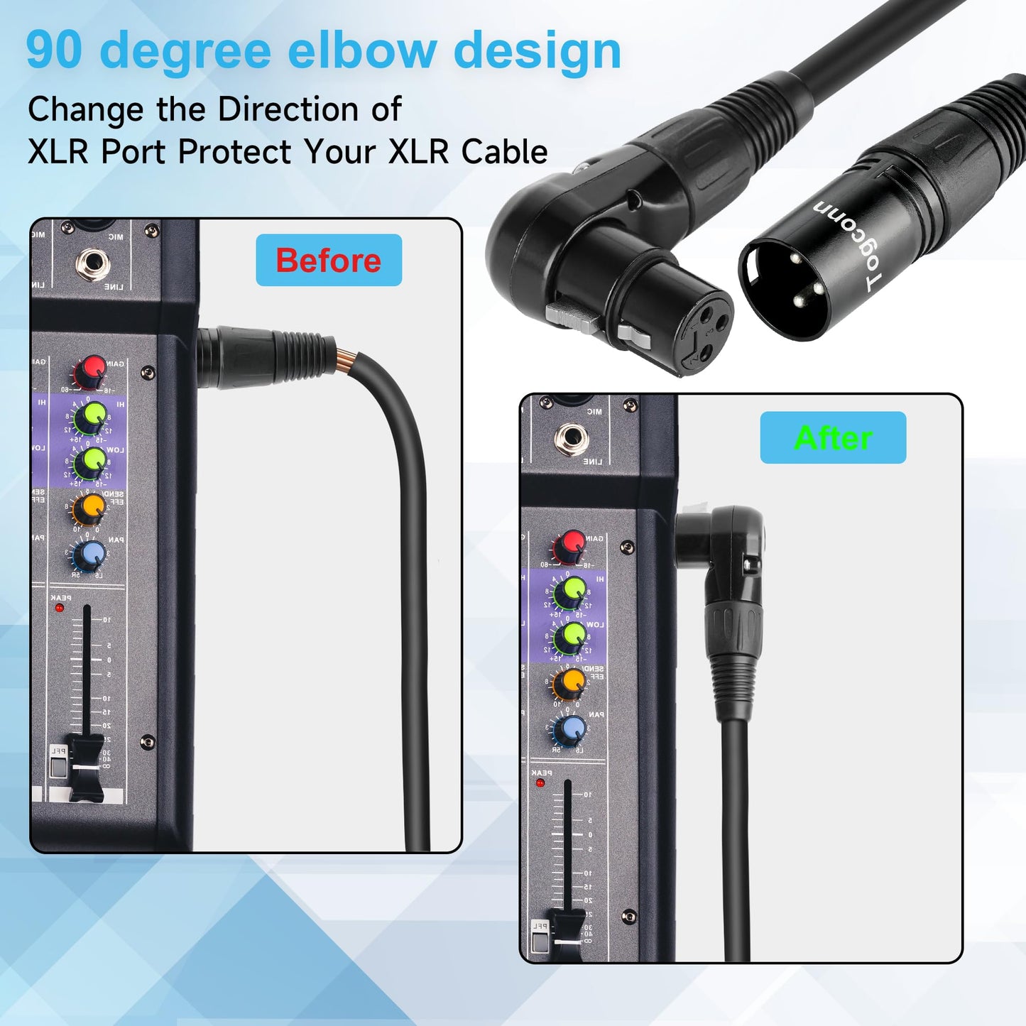 Togconn 6-Pack XLR Microphone Extension Cable Adapter 0.6 Feet, 90 Degree XLR Female to Straight Male 3-Pin Mic Connector for Speaker, Recording Studio, Mic Mixer, Audio Interface, Amplifier, More