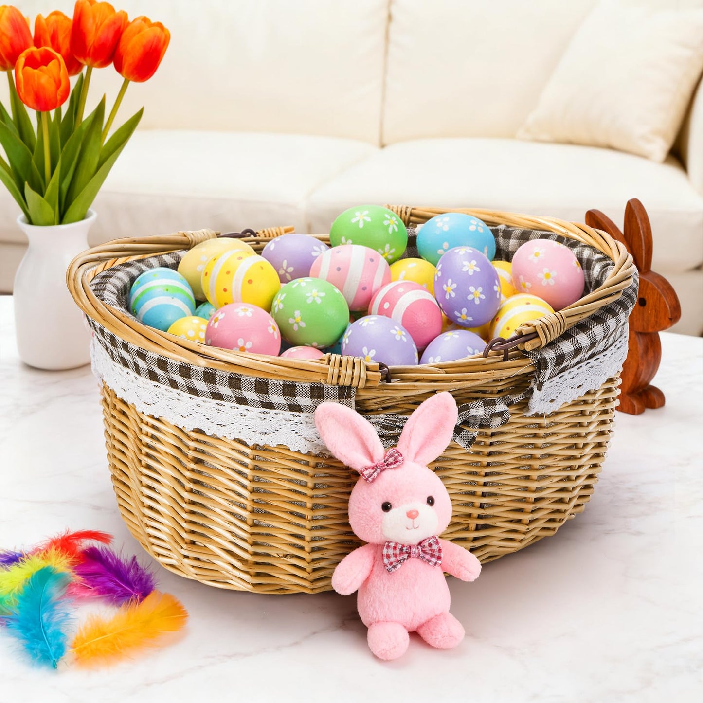 Peohud Wicker Picnic Basket with Double Folding Handles, Empty Baskets for Gifts, Woven Easter Basket, Willow Picnic Hamper Garden Harvest Basket for Easter Egg Gathering, Candy, Toys, Wedding