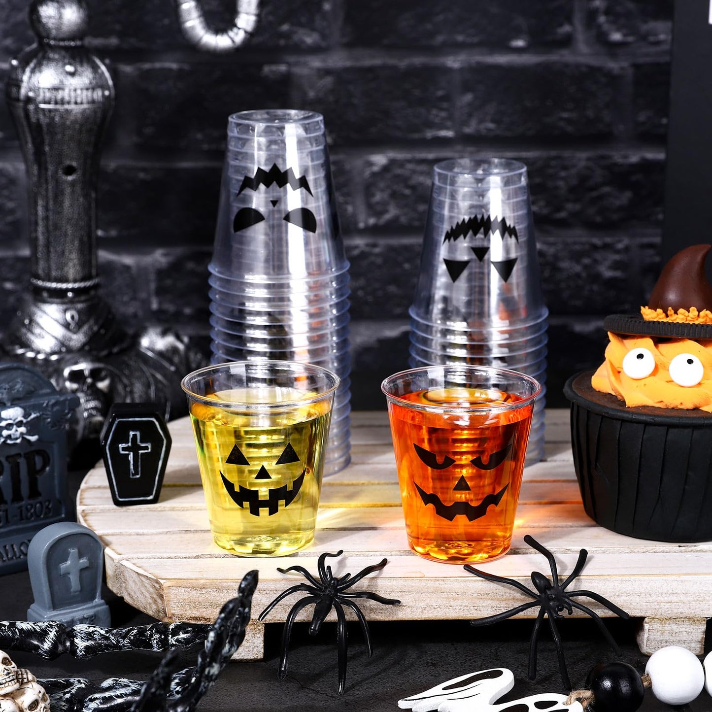 Whaline 80Pcs Halloween Plastic Shot Glass Bulk 2Oz Funny Pumpkin Face Mini Shot Cups Disposable Clear Drinking Tasting Sample Cup for Trick or Treat Party Supplies