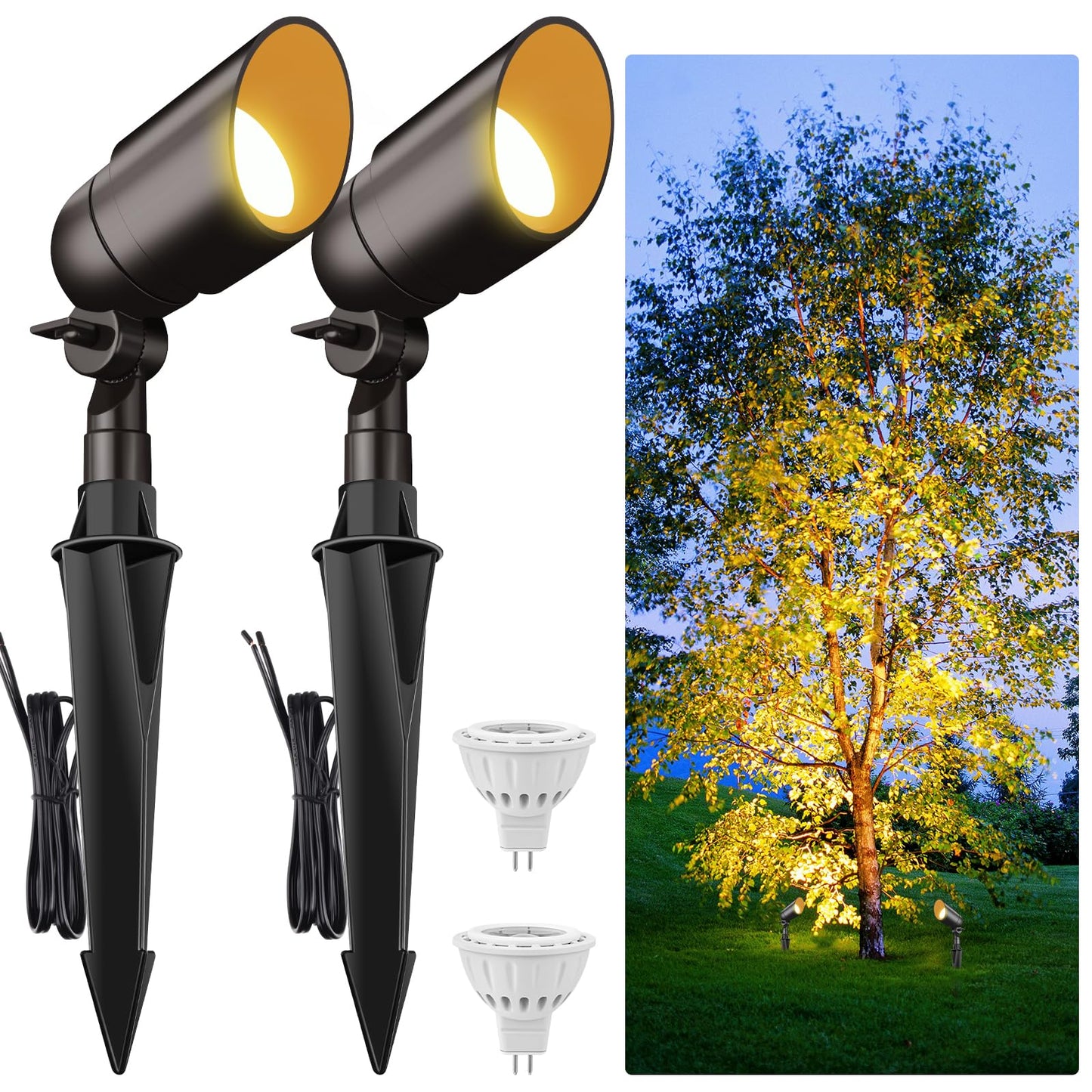 Cheopha Low Voltage Landscape Lighting 12 Volt Landscape Lights, Free LED 4W MR16 Landscape Spot 2700K, IP67 Waterproof Aluminum Body for Garden, Lawn, Yard Lights 2-Pack