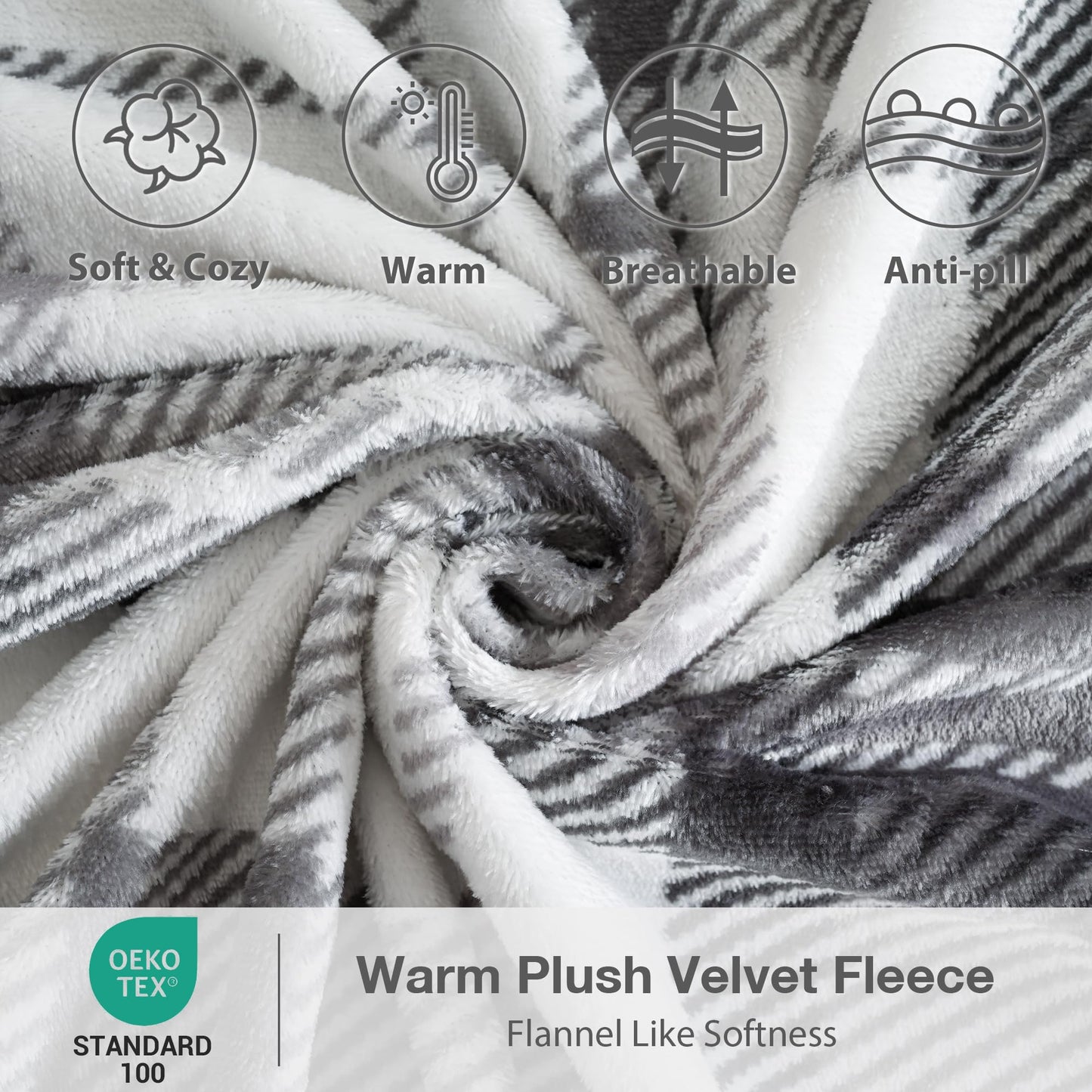 Softan Fleece Sheets Queen Size, Flannel Like Soft, Fuzzy Warm Plush Sheets, Velvet Polar Microfleece Bedding for Winter, Grey White Plaid