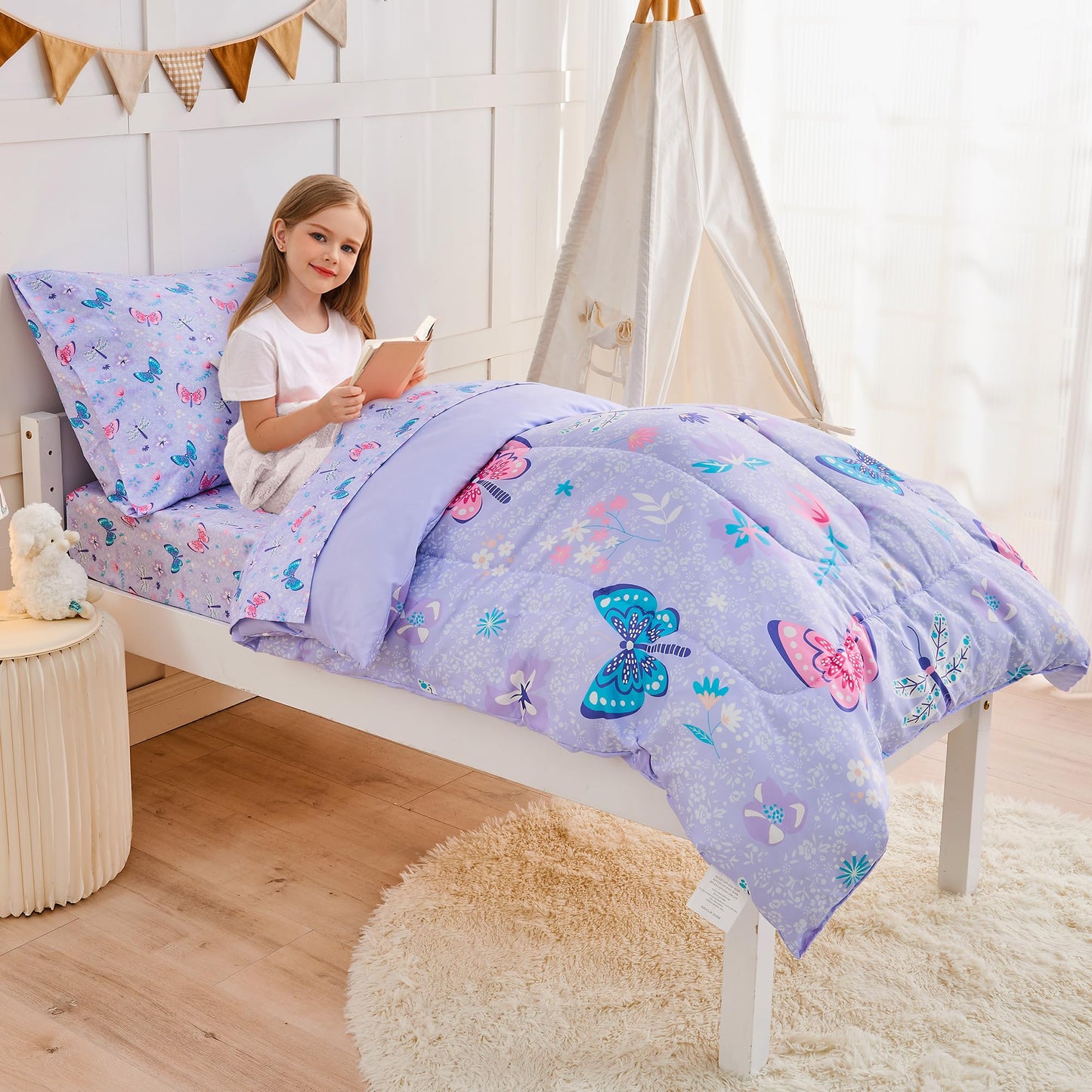 Lasoftan Butterfly Toddler Bedding Set for Girls, 4 Piece Bed-in-a-Bag Toddler Comforter Sets, Super Soft and Comfortable Microfiber Todeeler Bed Set