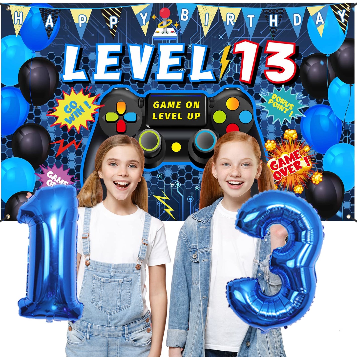 Vlipoeasn 90PCS 13th Birthday Video Game Party Decorations for Boys Set Blue 13th Birthday Supplies-13th Video Game Backdrop, Balloons, Tablecloth, Gamer and 13 Foil Balloons for 13 Years Old