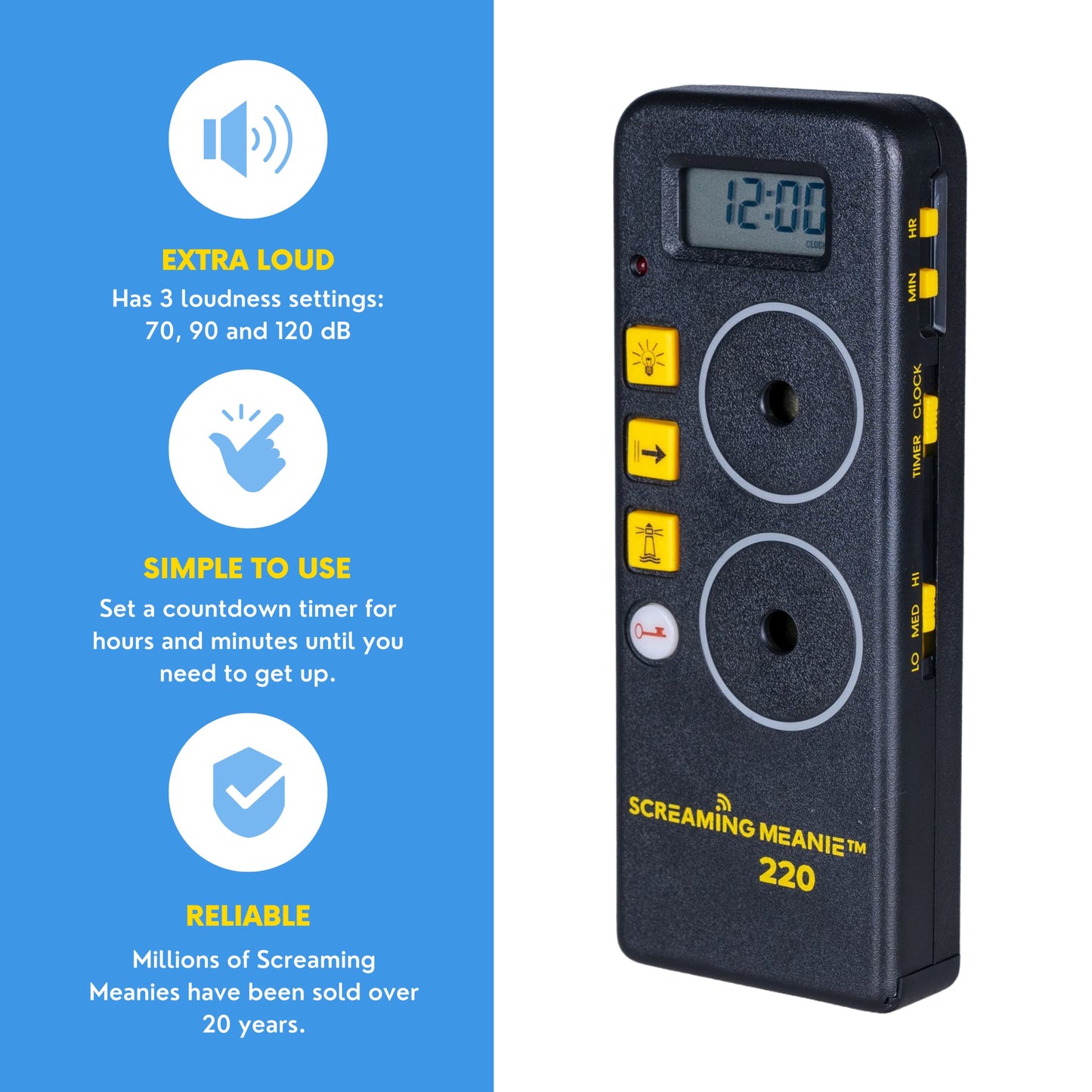 Screaming Meanie 220 Alarm Clock and Timer, Extremely Loud for Deep Sleepers, Multi-Purpose Clock, 3 Sound Levels (with 9v Battery Included) - Black