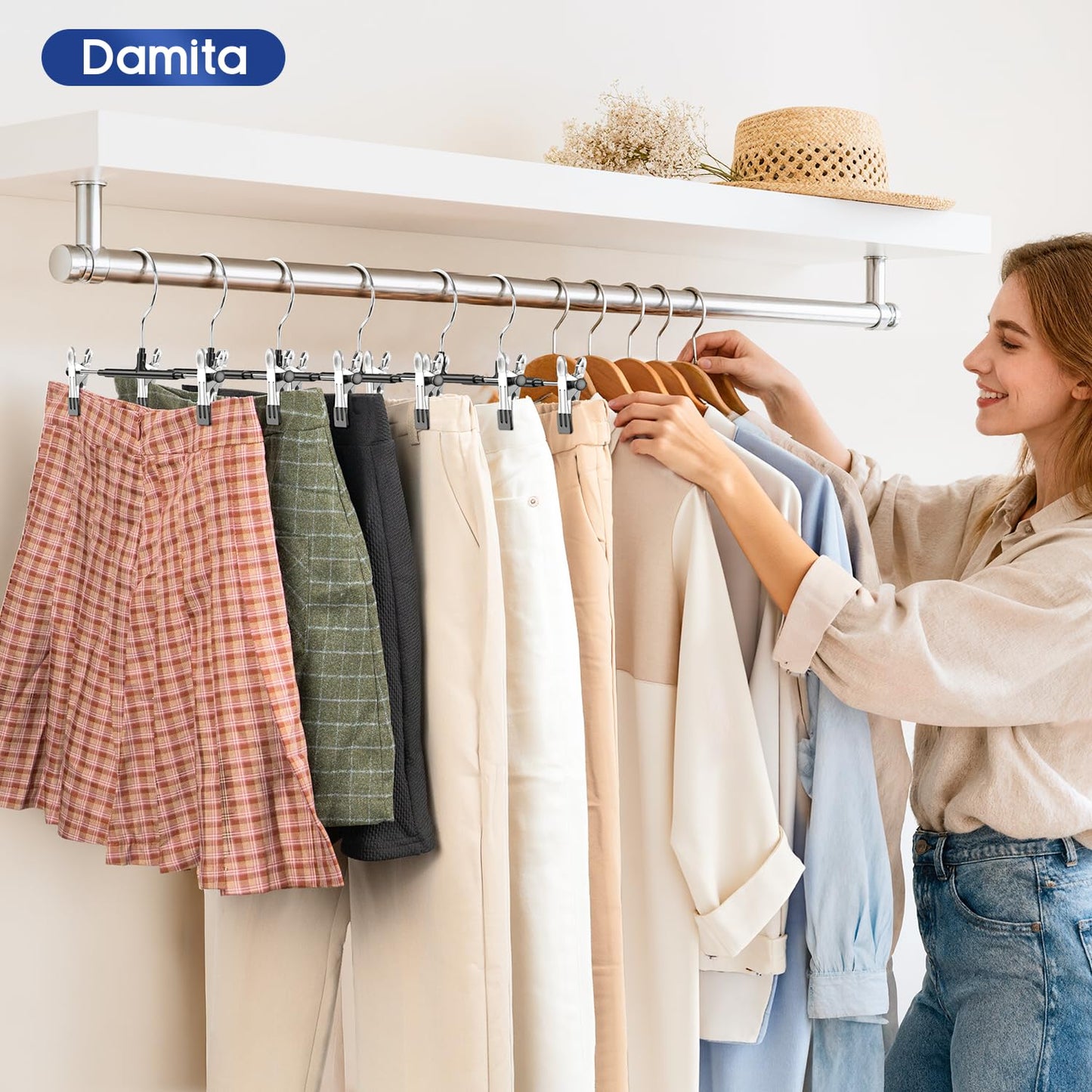 Pants Hangers with Clips Skirt Hangers 20 Pack, Space Saving 12Inch Adjustable Hanger Heavy Duty Non-Slip for Trousers, Jeans, Clothes, Shorts (Black, 20Pack)