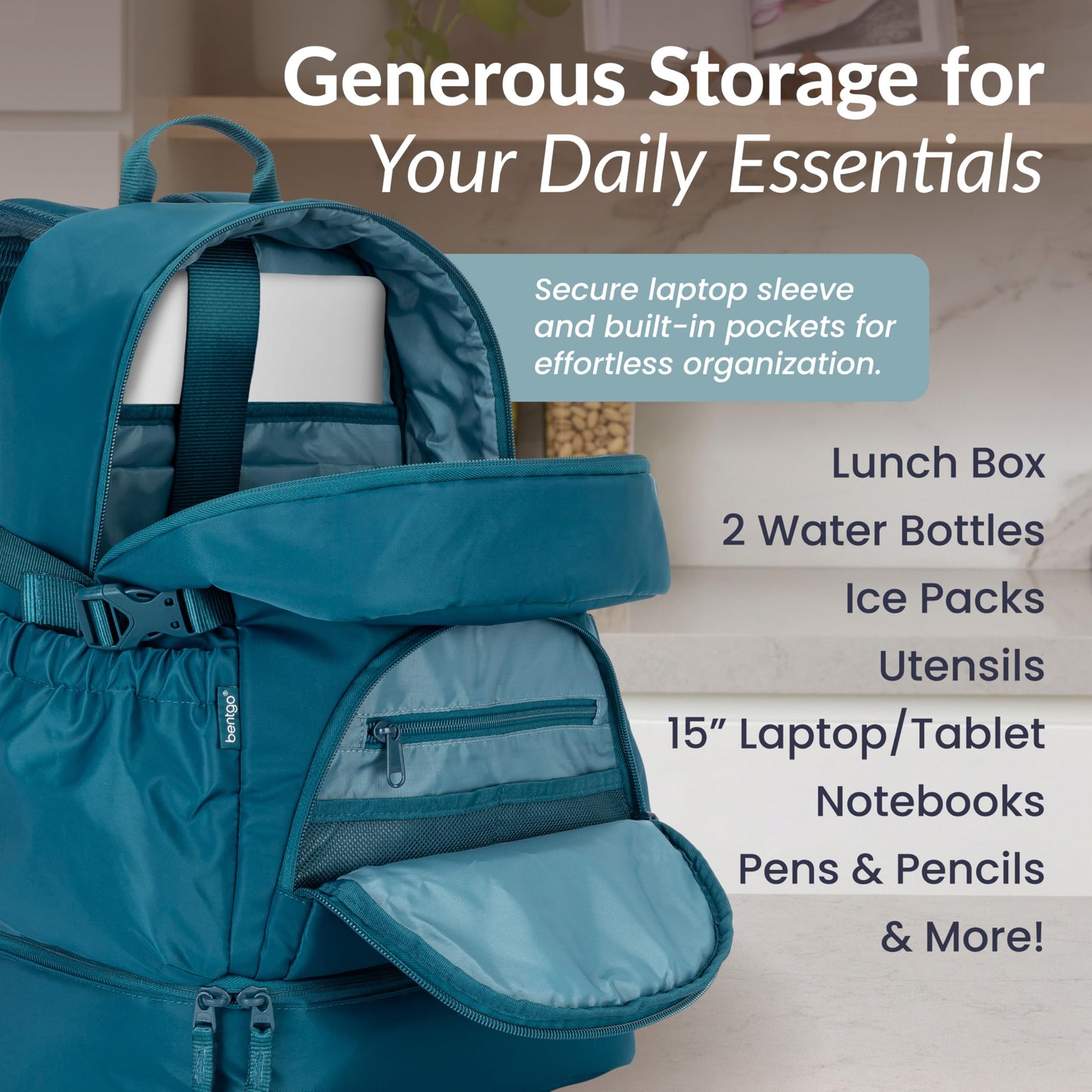 Bentgo® 2-in-1 Adult Backpack & Insulated Lunch Bag – Lightweight, Water-Resistant Travel Backpack with 9 Compartments, Laptop Sleeve & Trolley Sleeve for Work & Everyday Use (Deep Teal)