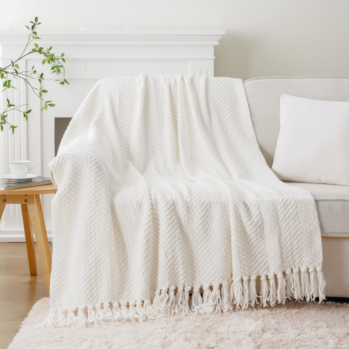 BATTILO HOME Cream Throw Blankets for Couch, Textured Knitted White Throw Blanket with Tassels, Ivory Blanket for Bed Sofa Cover Living Room, Soft Warm Cozy Large Cream Blanket for Home Decor,60"x80"