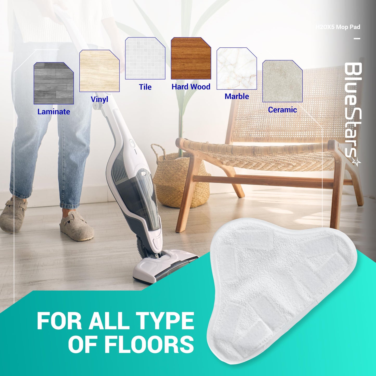 BlueStars 10 Pack Ultra Durable Washable Microfibre Steam Mop Pads Floor Replacement Part Exact Fit for H2O X5 H20 Models - Easy to Install - Washable and Reusable for Steam Mop X5