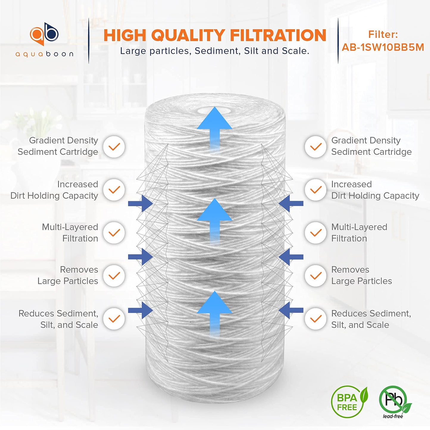 Aquaboon 5 Micron Water Filter 10 x 4.5 inch - String Wound Water Filter for Whole House System - Compatible with 84637, WPX5BB97P, PC10, 355214-45, 355215-45, WP10BB97P, WP5BB97P 2 Pack