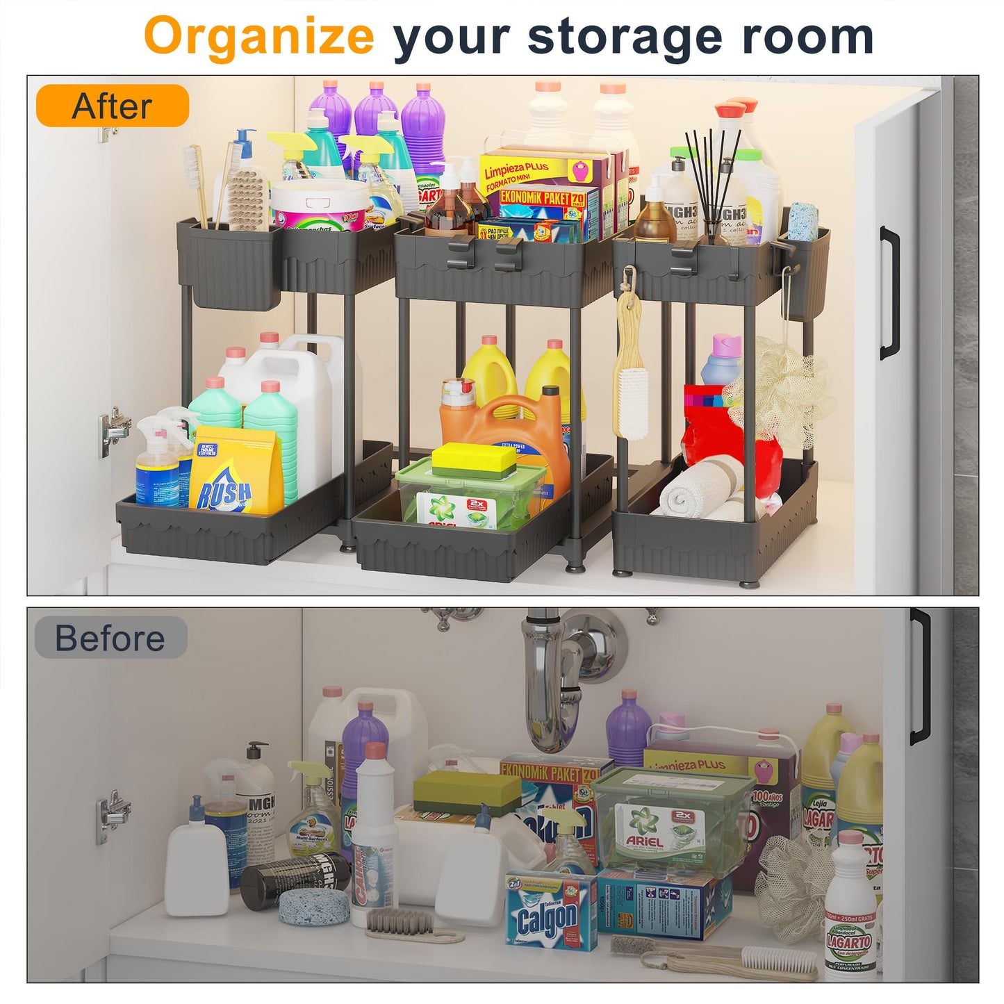 Sevenblue Under Sink Organizer 3 Pack, Bathroom Organizers, 2 Tier Multi-Use kitchen Organizers and Storage with Sliding Drawer, Hang Hooks and Cups, (Black)