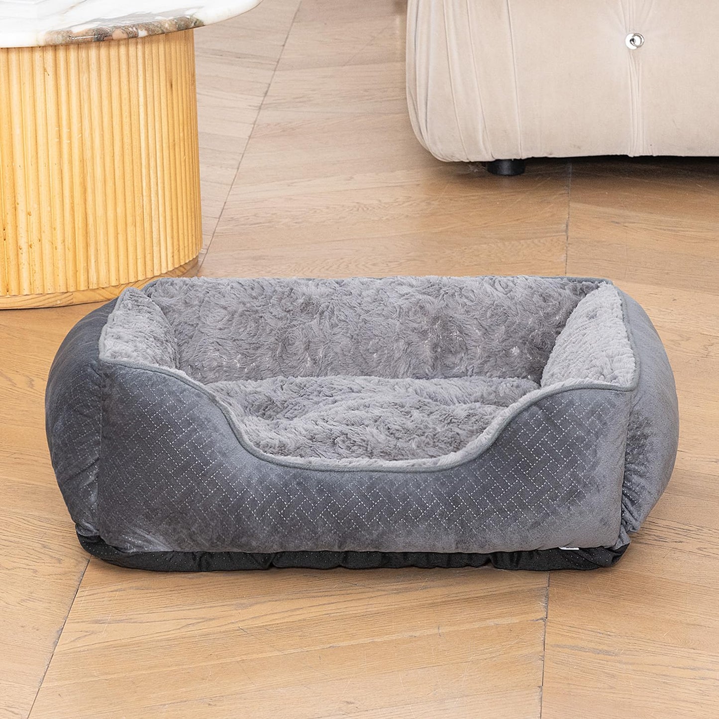 Dog Bed Medium, Super Soft Rectangle Dog Beds, Washable Warming Pet Bed with Anti-Slip Bottom, Anti-Anxiety, Grey, 25 x 21 x 8inch