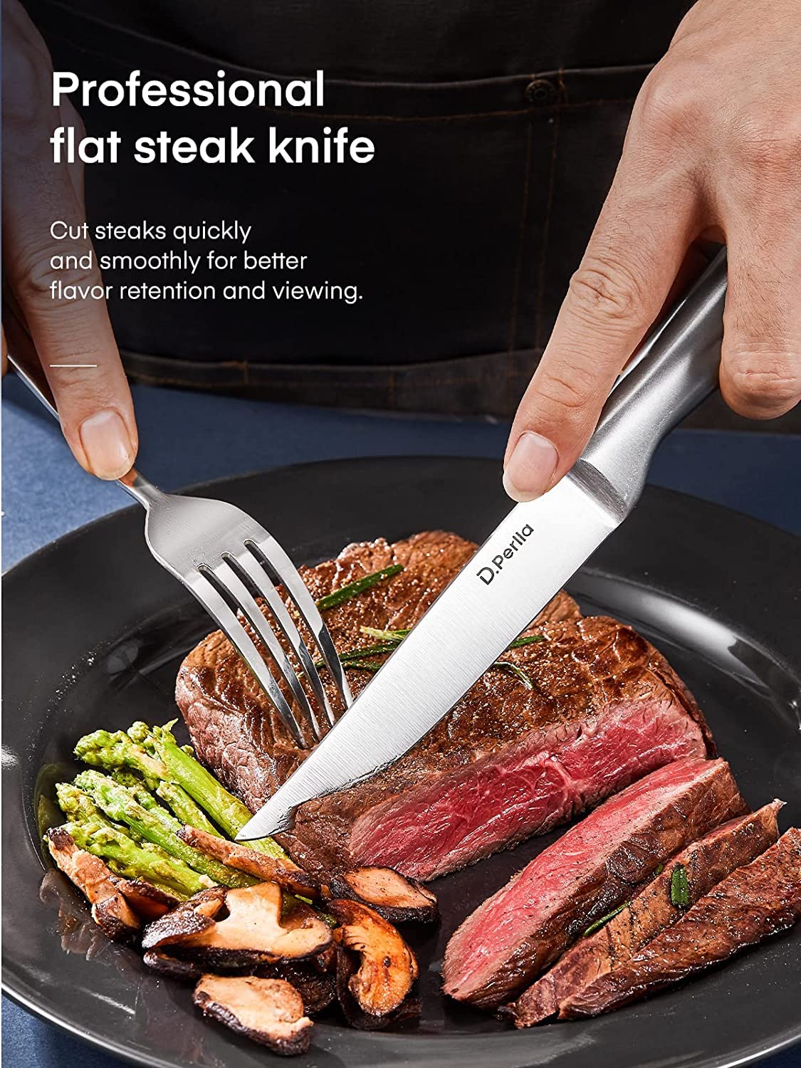D.Perlla Steak Knife Set, Straight Edge Steak Knife Set of 8, High Carbon Stainless Steel Steak Knives Never Need Sharpening, One Piece Design & Hollow Handle, Professional Cutlery Set
