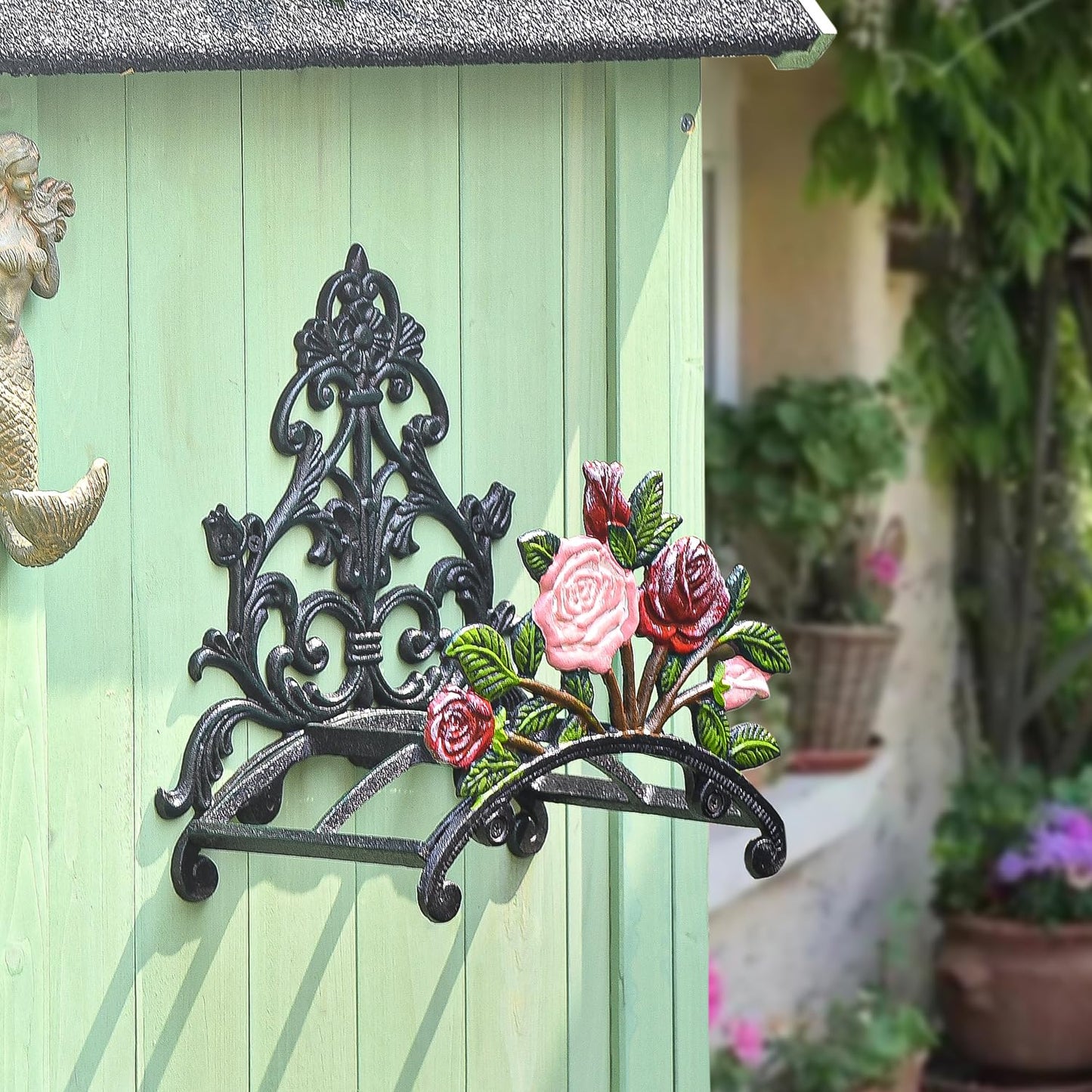Sungmor Cast Iron Heavy Duty Garden Hose Holder - Decorative Hand-Painted Peony Wall Mounted Water Hose Hanger - Wall Decoration Hanging Hose Rack - Hose Reel Storage Butler - Metal Hose Stand