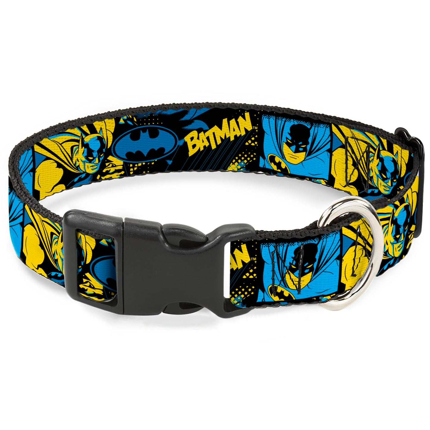 DC Comics Pet Collar, Dog Collar Plastic Buckle, Batman Poses and Logo Collage Black Blue Yellow, 15 to 24 Inches 1.0 Inch Wide