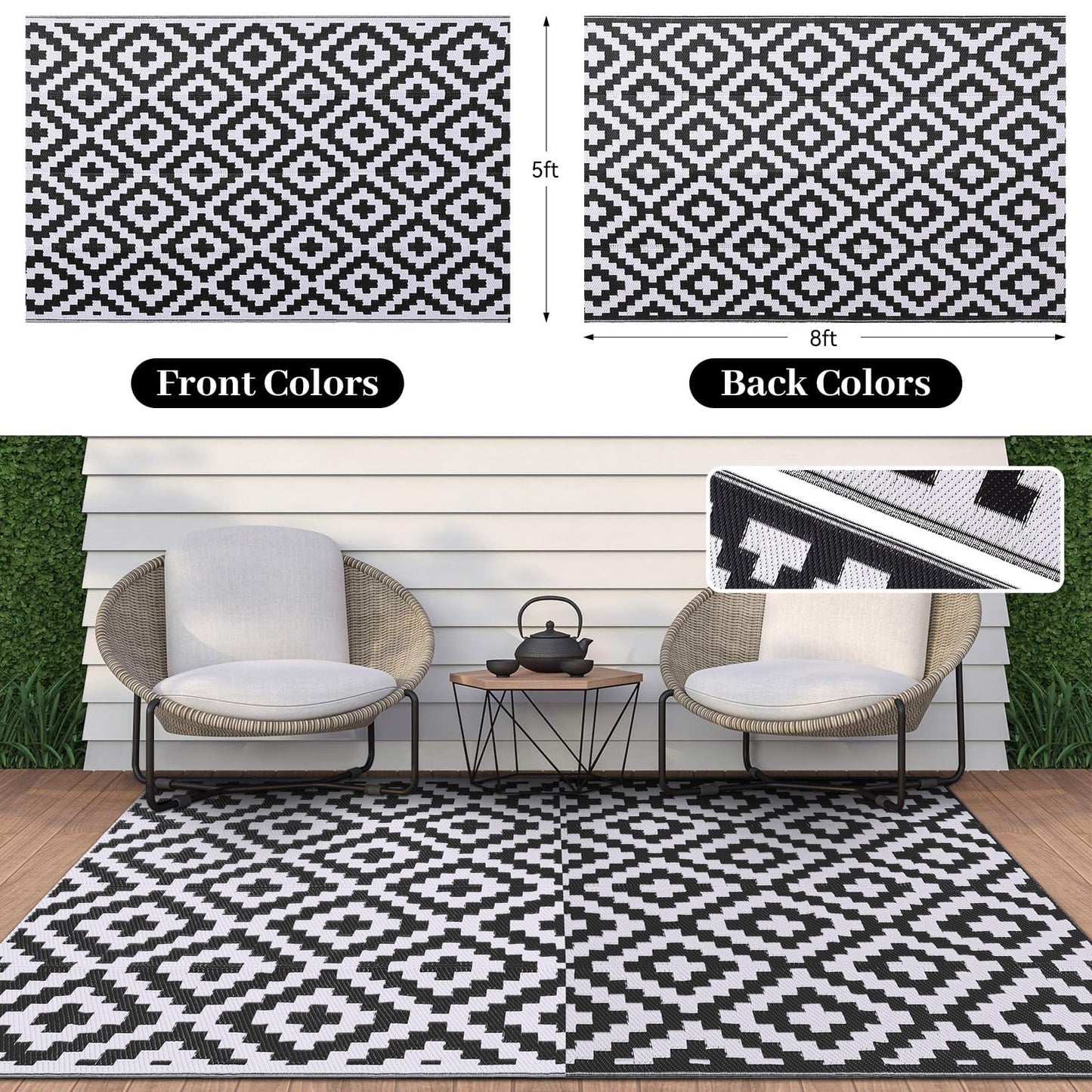 OLANLY Outdoor Rug Waterproof Reversible 5x8 ft, Durable Plastic Straw Patio Camping Carpet, Large Foldable RV Mat for Backyard, Deck, Picnic, Camper, Bench, All-Weather, Lightweight, Black & White