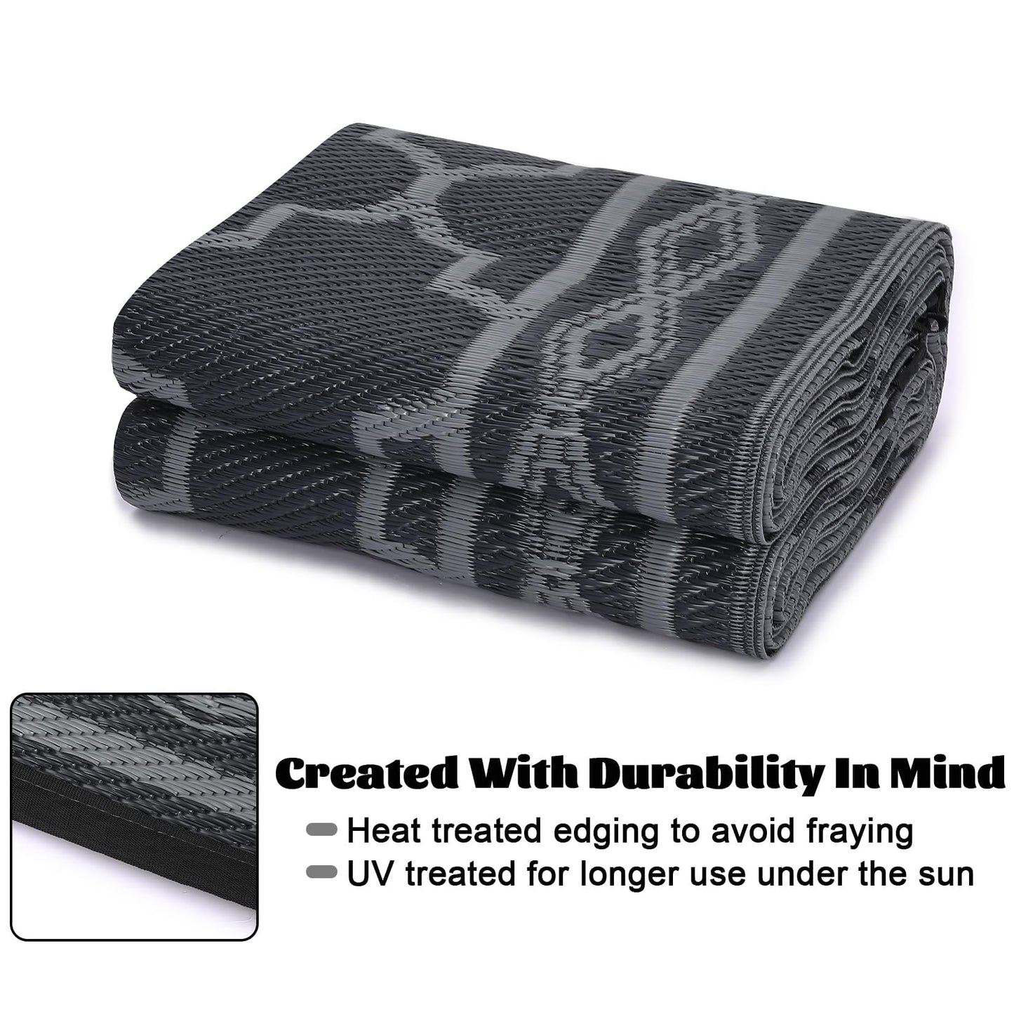 Garvee Morocco Outdoor Plastic Straw Rug 6'x9', Patio Rugs for Camping, Reversible Outdoor Carpet for RV, Waterproof Geometric Mat for Picnic, Deck Balcony Porch Backyard,Black & Grey