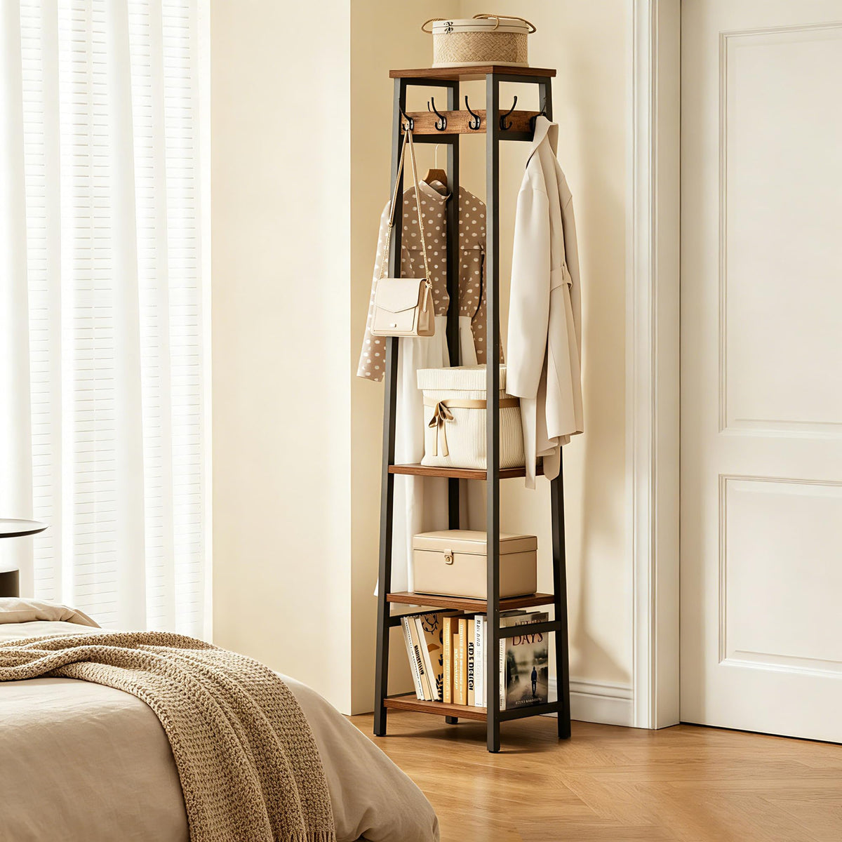 Cerlyunzan Coat Rack Freestanding, Coat Stand with 3 Shelves and 7 Hooks, Hall Tree Free Standing, Clothes Rack Stand Organizer for Bedroom, Hallway, Entryway, Living Room, Rustic Brown and Black