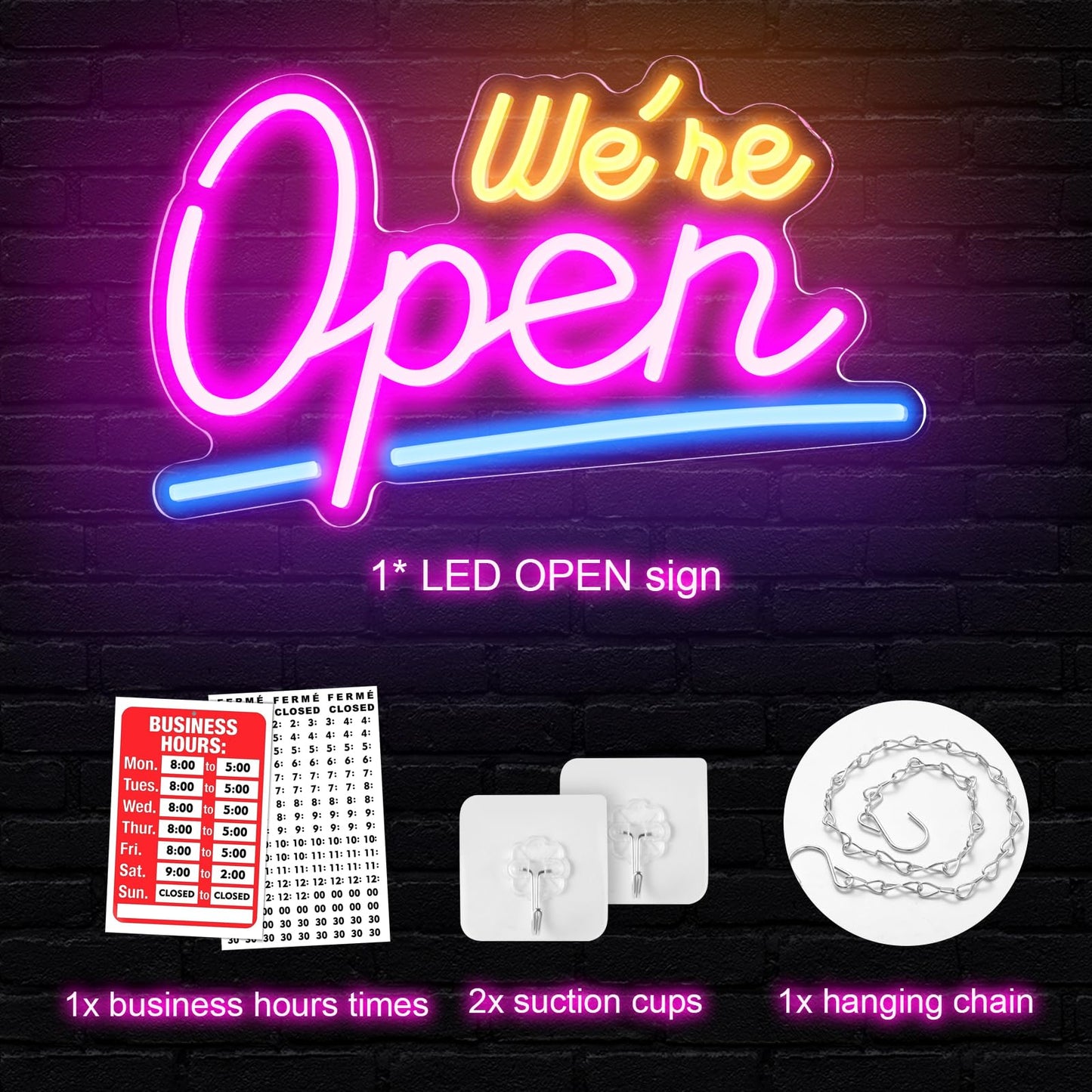Liomus Neon Open Signs for Business, We Are OPEN Bright Neon Light Up Sign for Window Party Store Shop Bars With Business Hours Sign,16.5”x11.8” with ON/OFF Switch