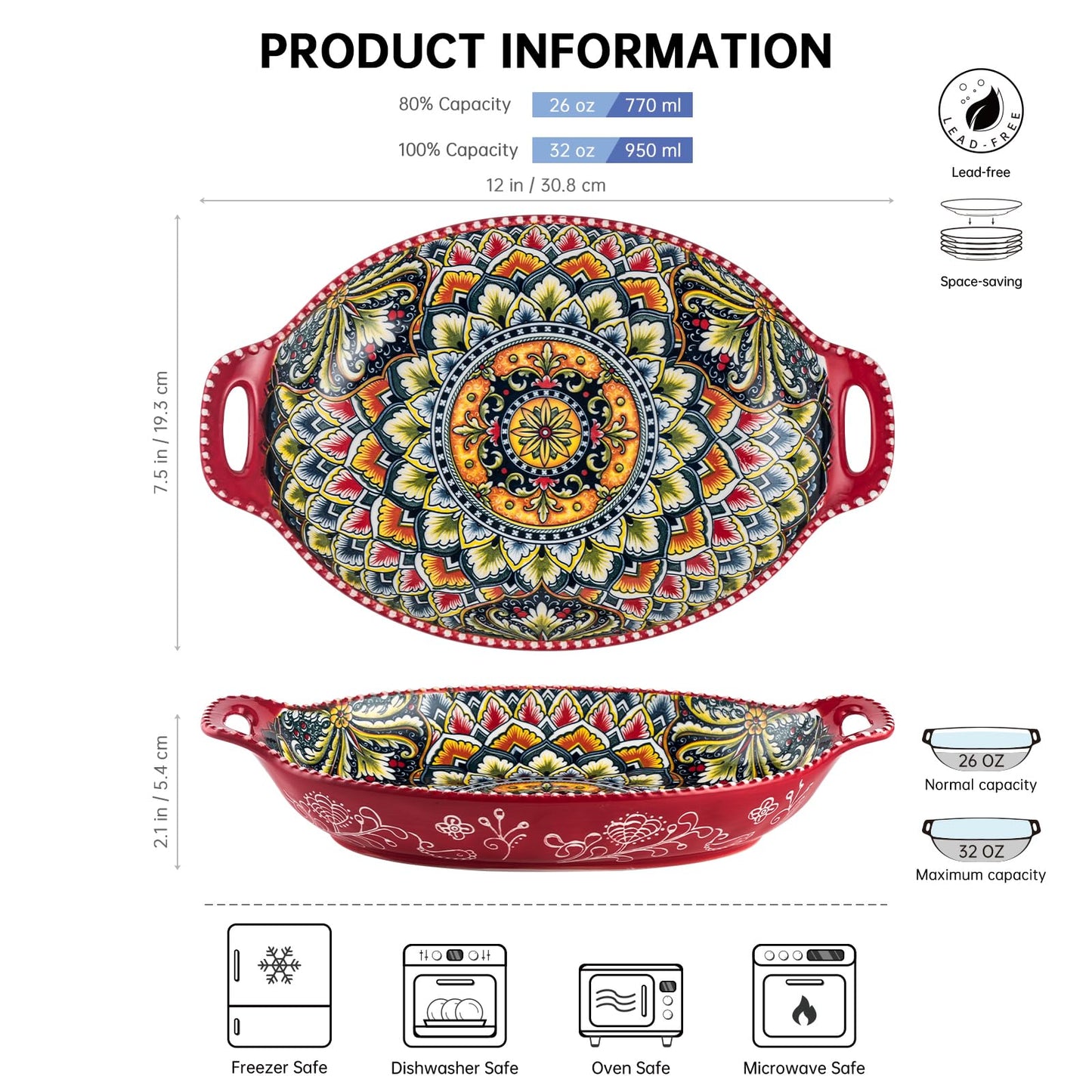 Henten Home Ceramic Pasta Bowls with Handle, Porcelain Floral Salad Bowls Set of 4, 32 oz Large Bohemia Serving Dish, Colorful Dinnerware Set, Microwave & Dishwasher Safe