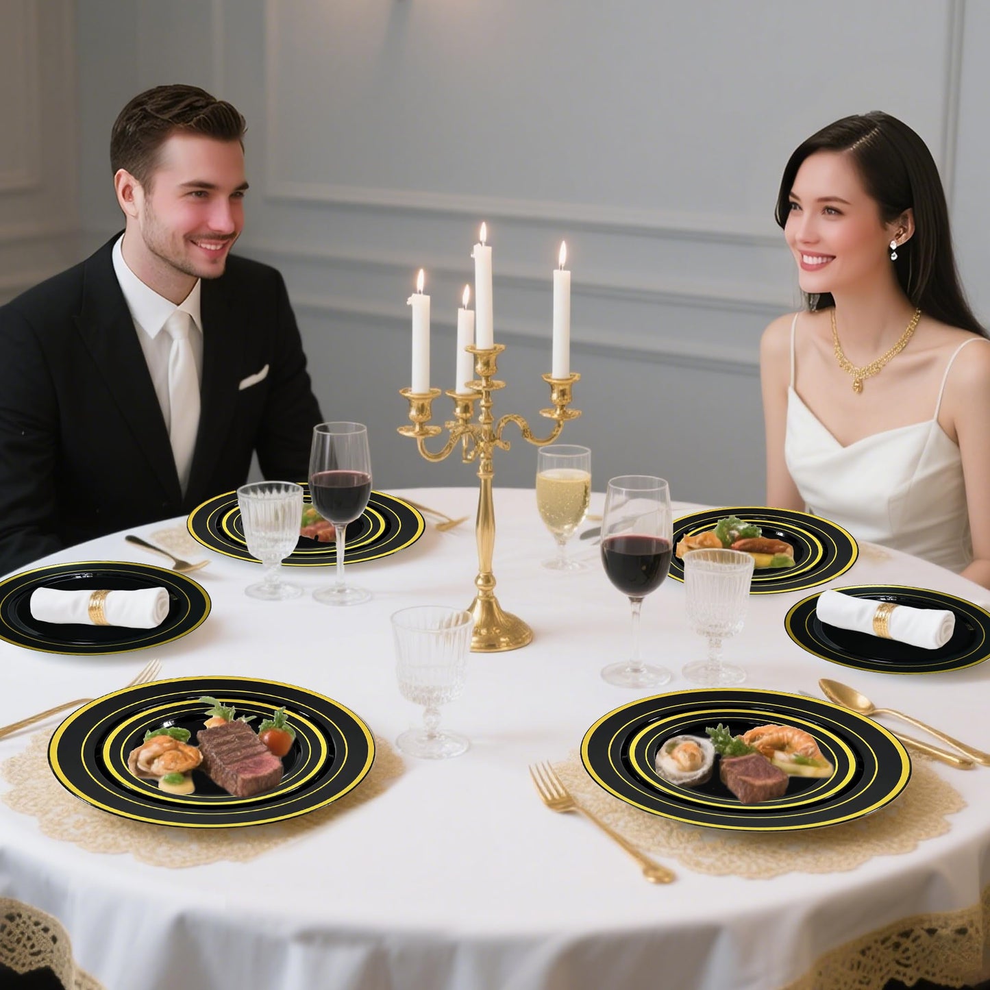 ROCOHANTI 100 PCS Black and Gold Plastic Plates, Disposable Party Black Plates Include 50 Dinner Plate and 50 Dessert Plate Perfect for Holiday, Birthday, Graduation, Wedding & Party