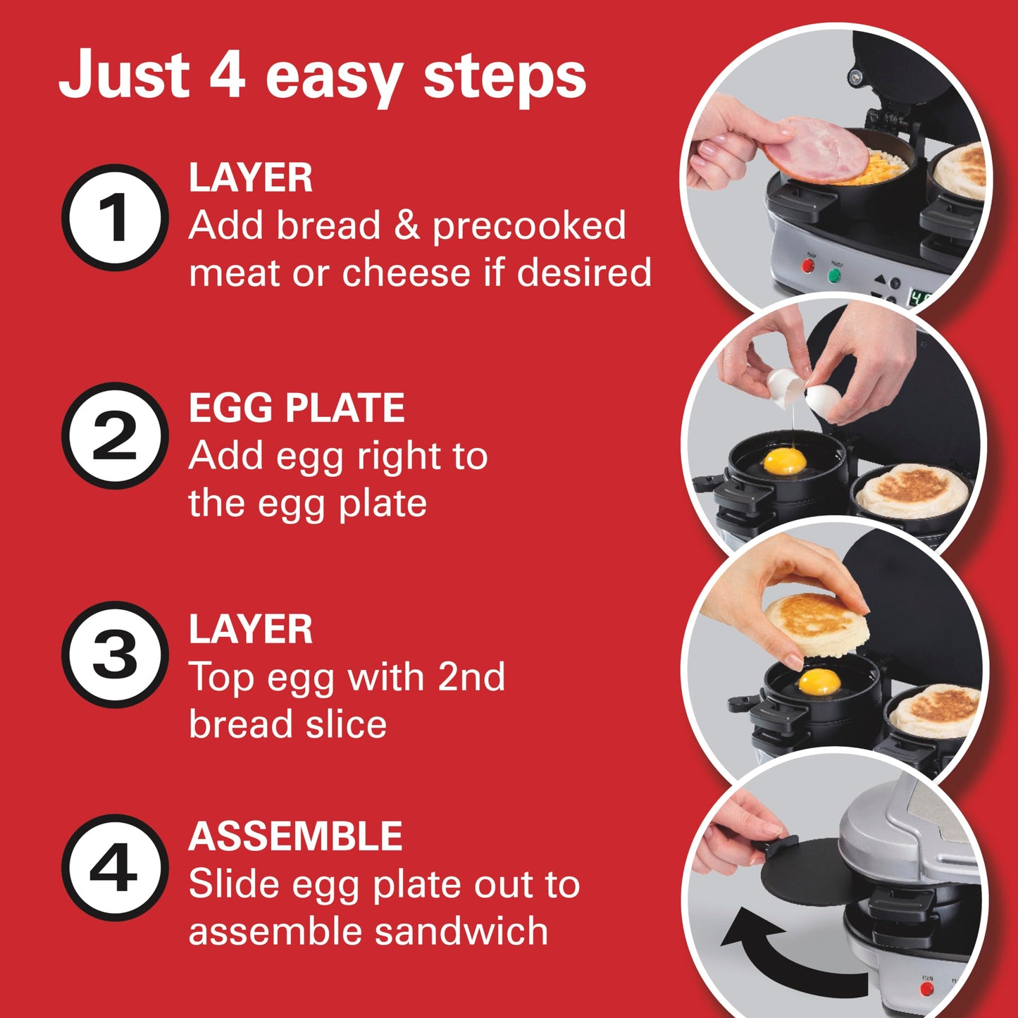 Hamilton Beach Dual Breakfast Sandwich Maker with Timer, Ready in 5 Minutes, Removable Dishwasher Safe PFAS-Free Non-Stick Egg Cooker Ring, Silver (25490C)