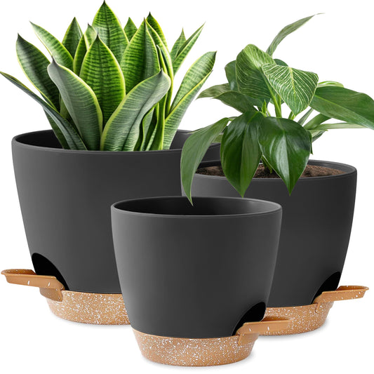 3 Pack Self Watering pots for Indoor Plants 10/9/8 Inch Plant Pots Indoor with Drainage Holes & Saucer planters for Indoor Plants for Home Decor Planters for Outdoor Plants Grow healthy plants (Black)
