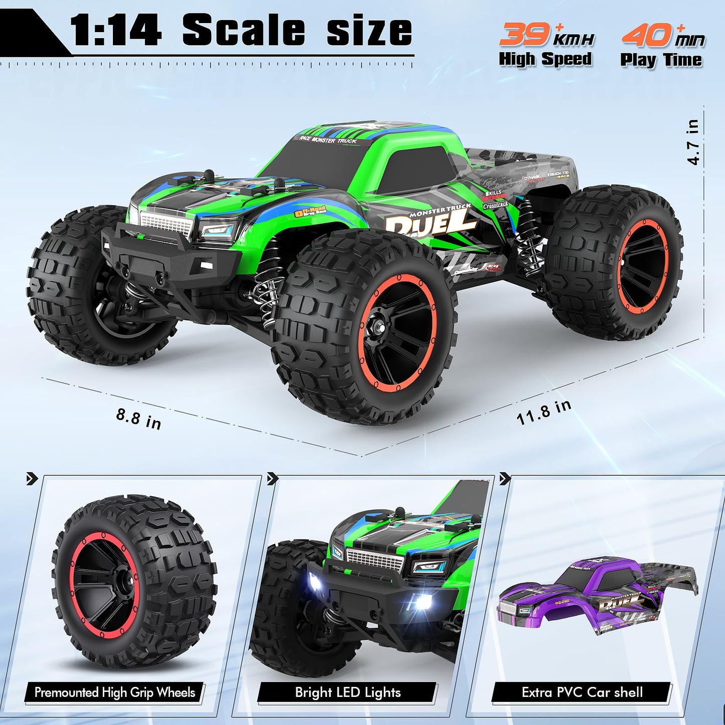 HAIBOXING 1:14 Scale RC Cars, 42km/h High-Speed 4WD Off-Road Waterproof RTR Hobby RC Truck with 2.4 GHz Remote Control for Adults & Boys, Electric Vehicle 2 Rechargeable Batteries, 2 Shells HBX2105