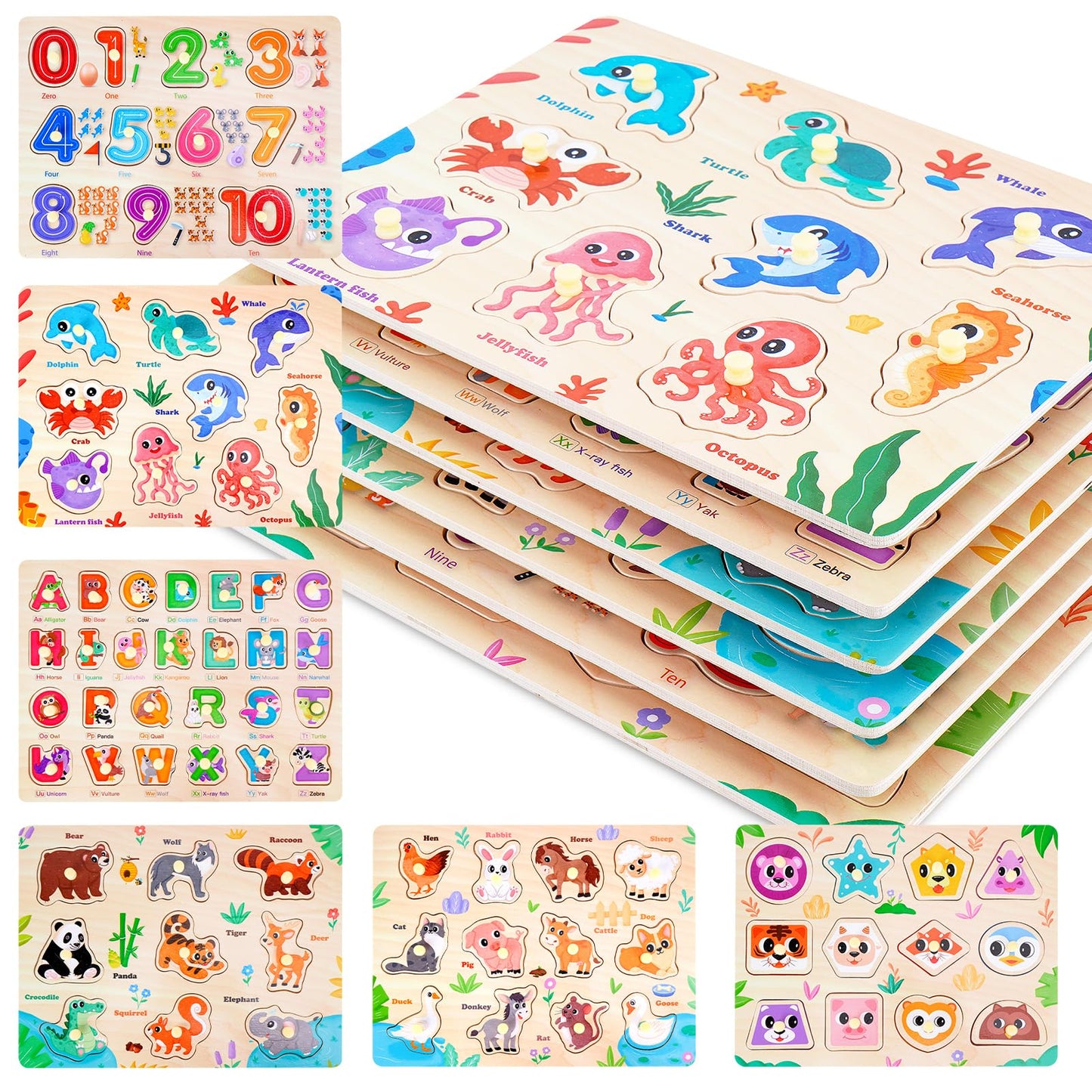 Toddler Puzzles Montessori Toys for 3 4 5 Years Old, 6 PCS Wooden Puzzles for Kids Ages 4-6 - Learning Alphabet, Numbers, Shapes and Animals, Educational Toys Puzzle Gifts for Girls Boys