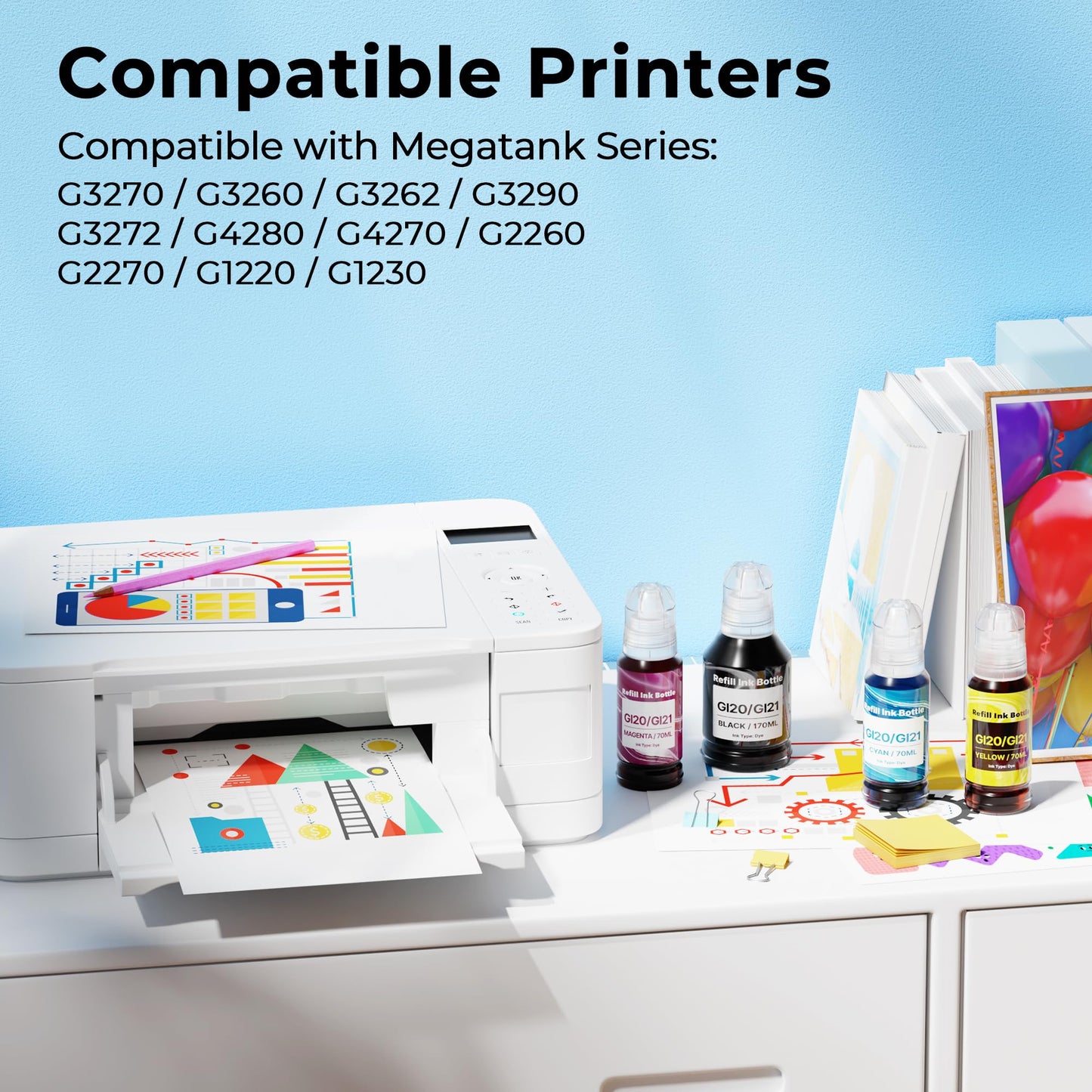 GI-21 G3260 G3270 Ink Bottles Compatible for Canon 21 GI-21 GI21 Ink Refill Bottles for Canon G3260 G3270 G4270 G2260 G1220 G1230 G2270 MegaTank Printers (Black, Cyan, Magenta, Yellow, 4 Pack)