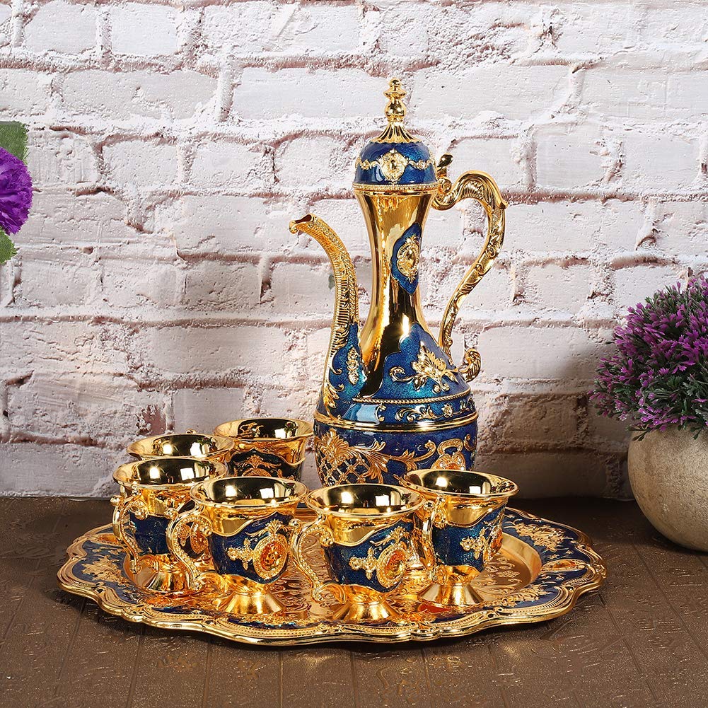 Vintage Turkish Coffee Pot Set 6 Tea Cups Small Metal Tea Set Tea Tray Teapot Tea Water Serving Set for Turkish Coffee, Arabic Coffees, Greek Coffees