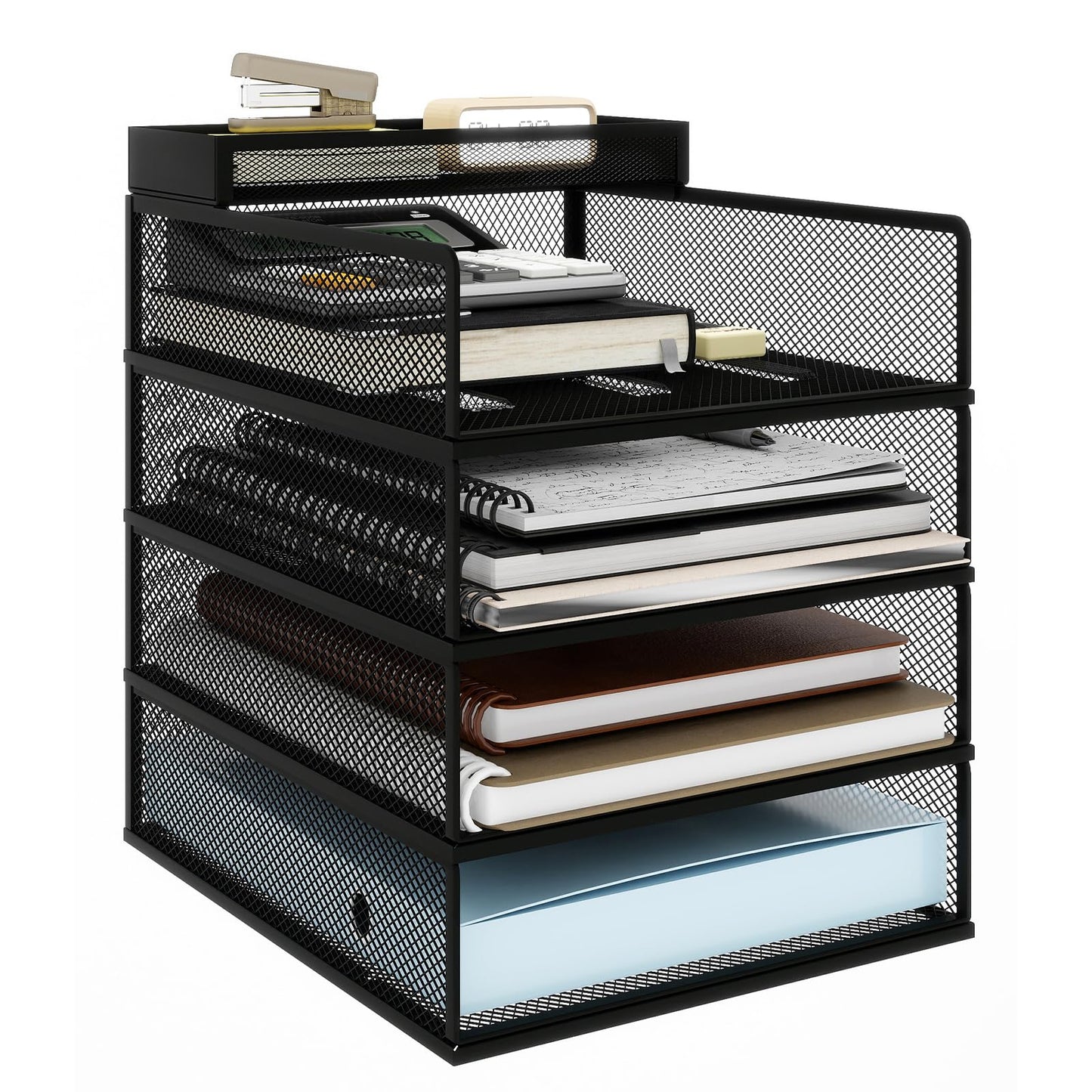 Natwind 4 Tier Stackable Paper Trays for Letter Documents, Desktop File Organizers for Office Supplies, Metal Mesh Desk Organizer，Office Organizer，Letter Trays for Home, Office, School，Black