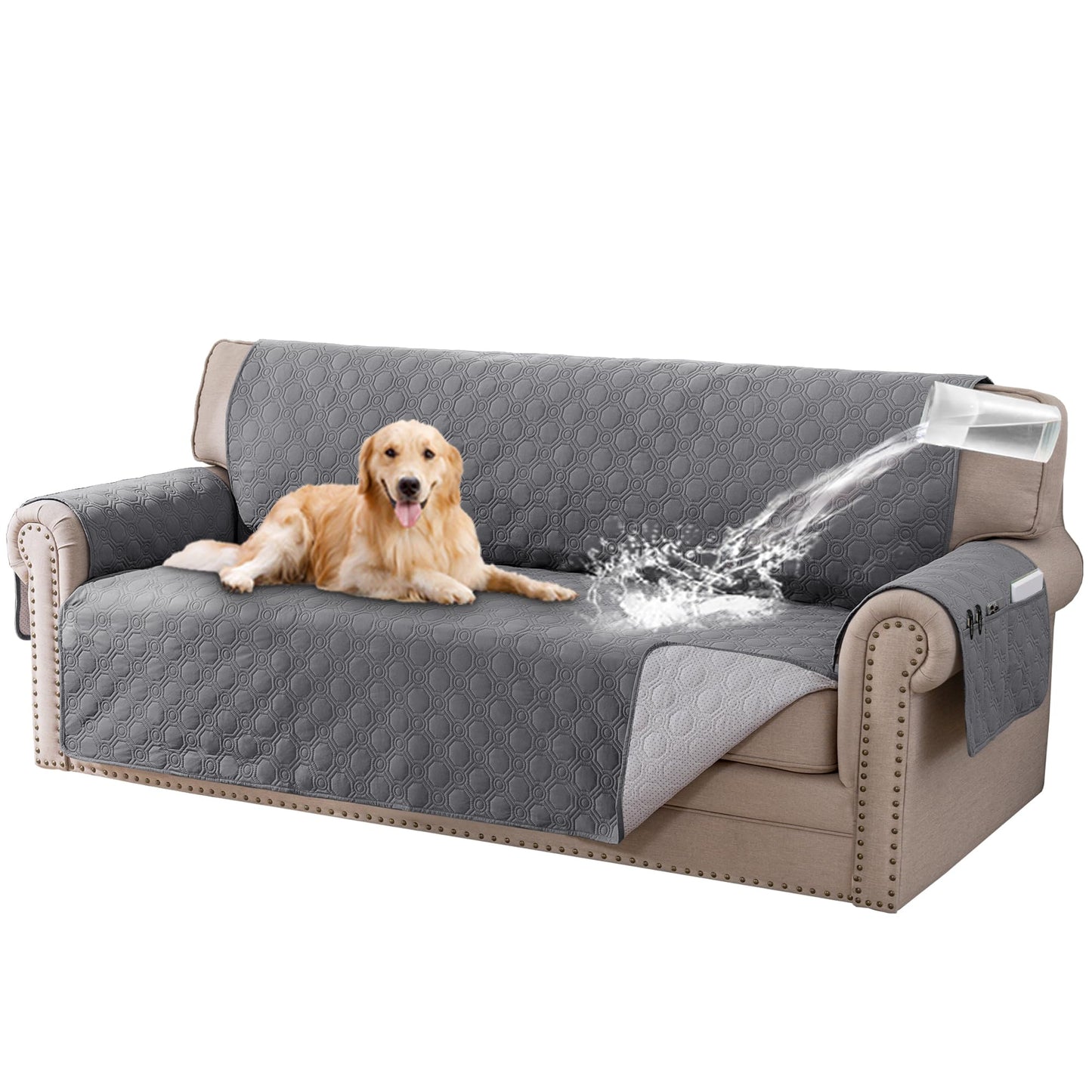 Turquoize 100% Waterproof Sofa Cover 4 Seater Triple Non-Slip Couch Cover Sofa 4 Seater Pet Friendly Sofa Slipcover Furniture Protector for Pets, Dogs, Kids (XL Large 78", Grey)