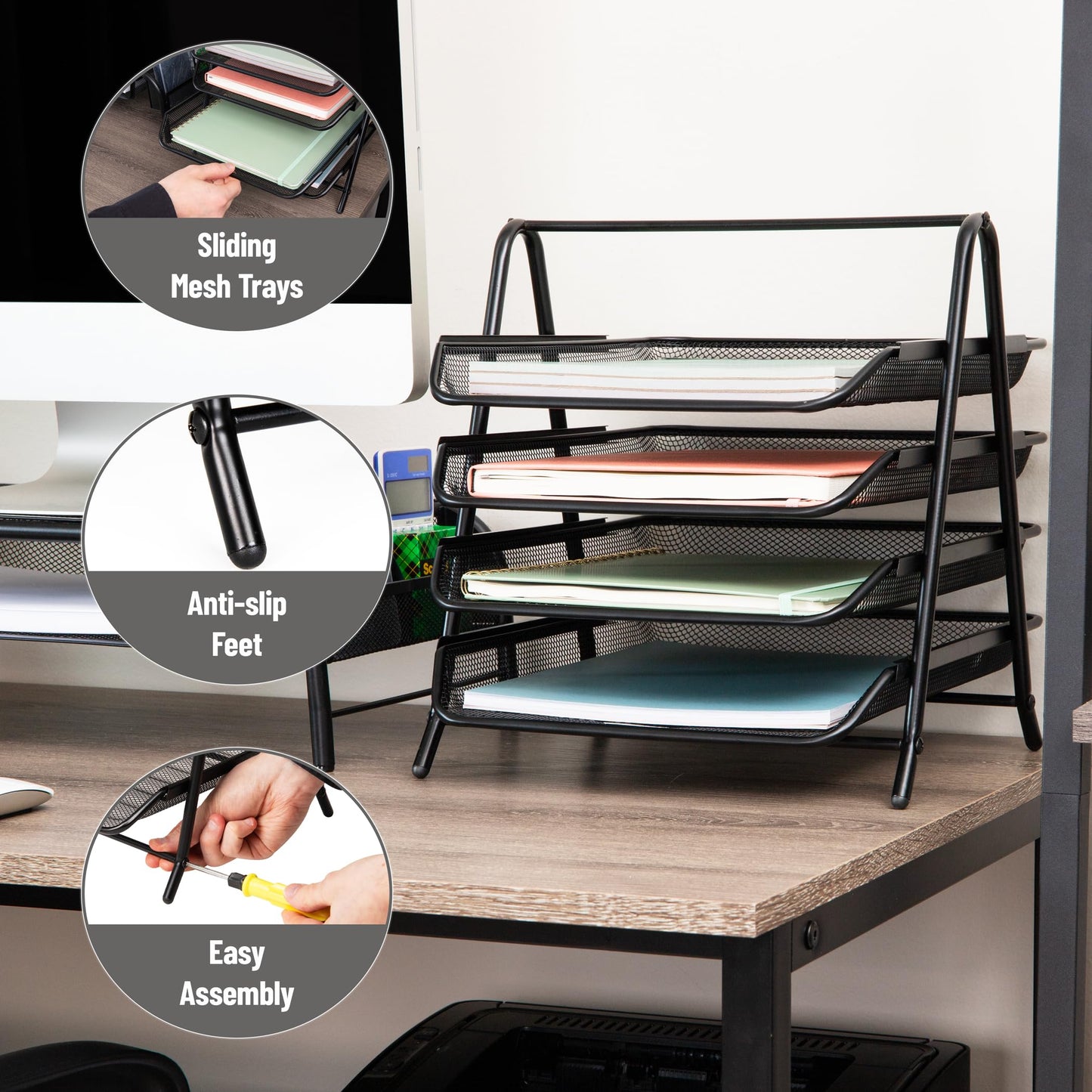 Mind Reader 4-Tier Paper Tray Organizer, Desktop File Sorter with Handle, Document Storage, Slide-Out Trays, Metal Mesh, Black