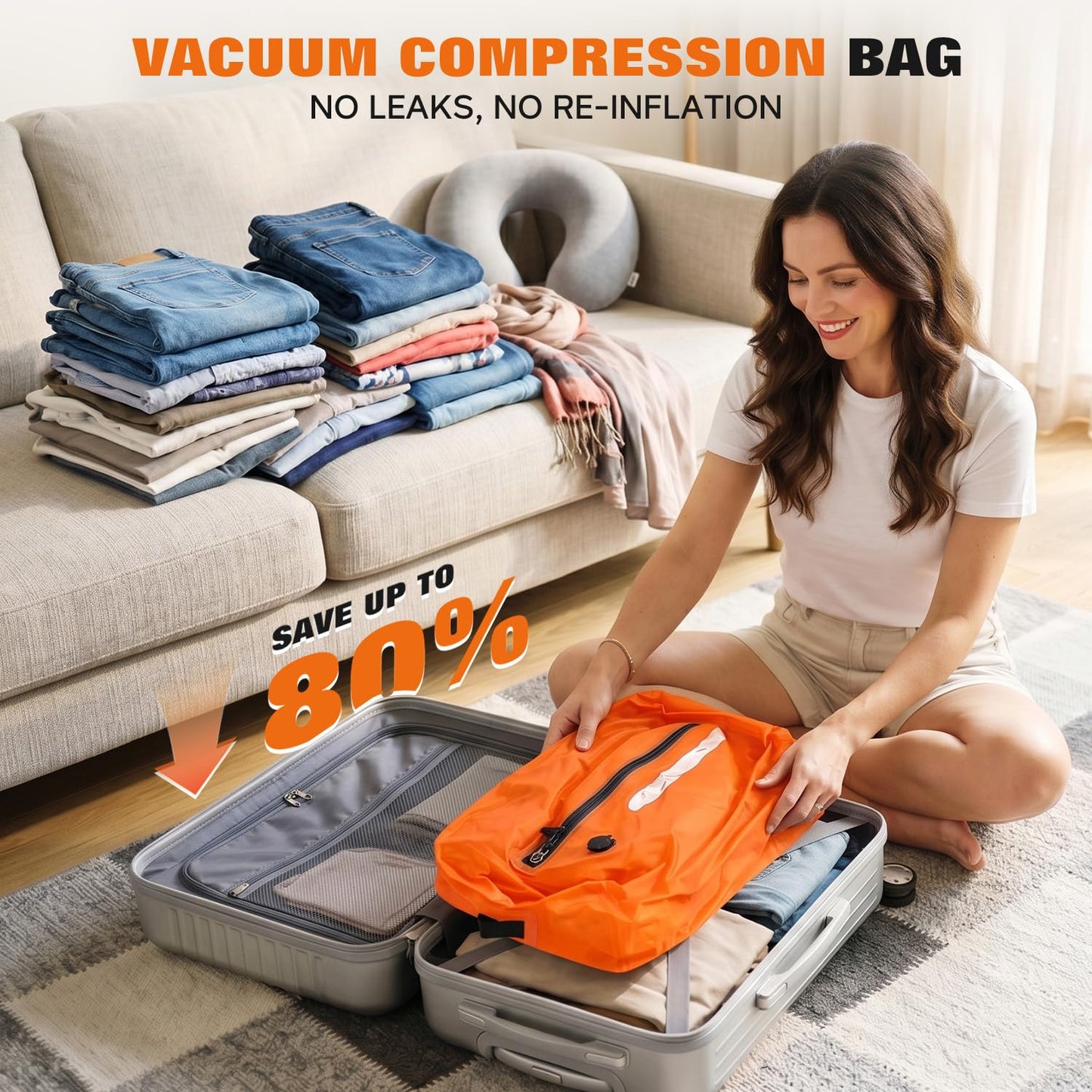 Vacuum Bags for Travel with Pump, Reusable Vacuum Compression Bags, IP68 Waterproof Space Saver Storage Bags for Clothes, Backpack, Luggage & Suitcase, Lightweight Travel Organizer