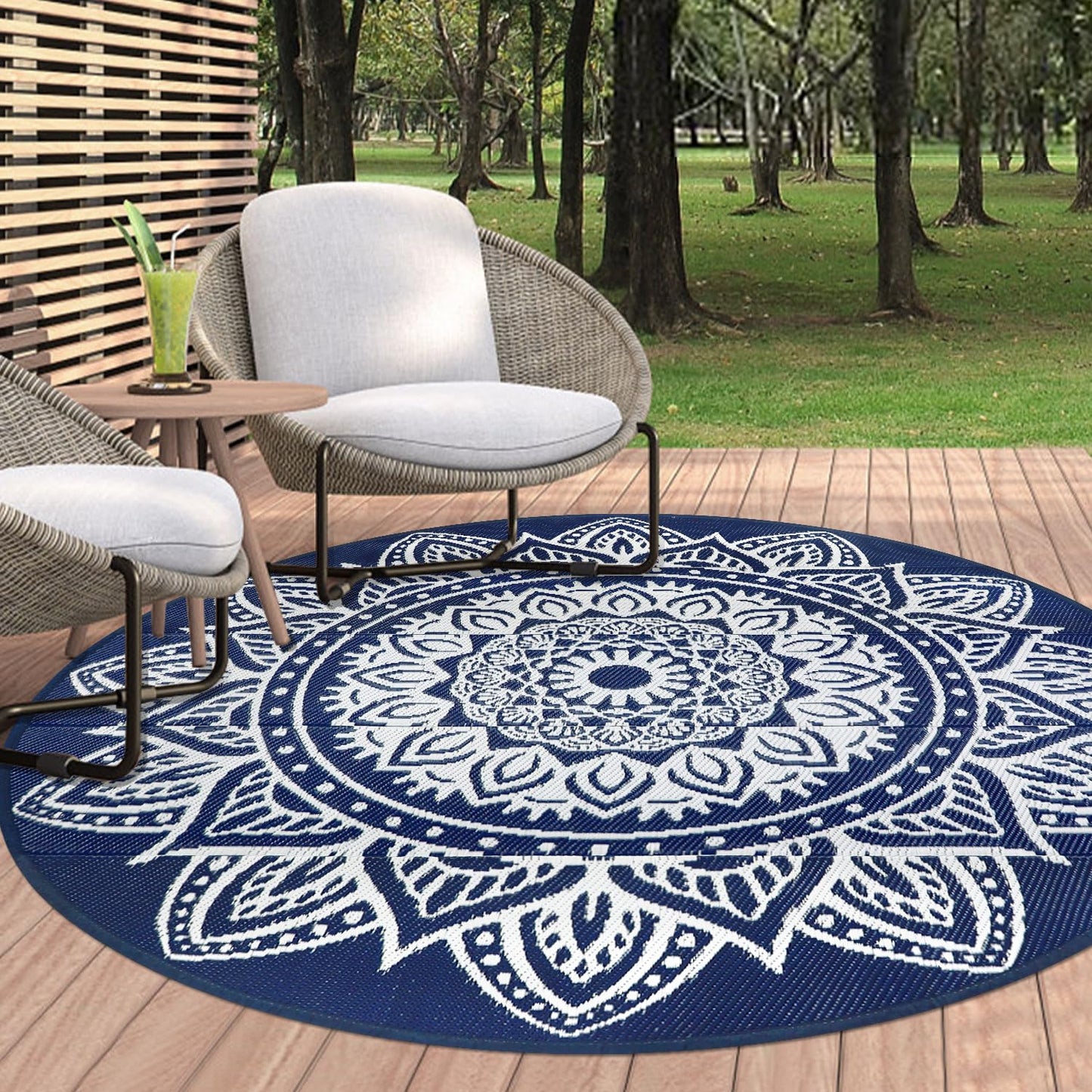 famibay Round Outdoor Area Rug Boho Mandala Plastic Patio Rug 6ft Navy