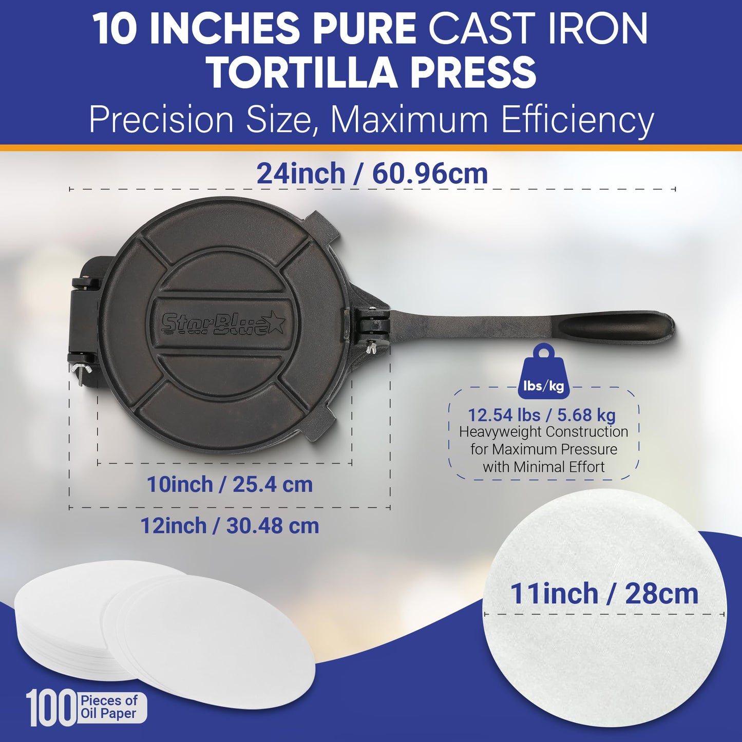 10 Inch Cast Iron Tortilla Press by StarBlue with FREE 100 Pieces Oil Paper and Recipes e-book - Tool to make Indian style Chapati, Tortilla, Roti