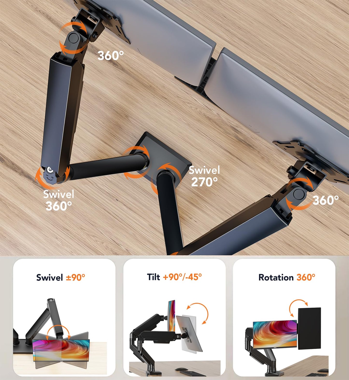 Hemudu Dual Monitor Arm Full Motion Adjustable Monitor Mount Desk Stand for 17″–32″ Computer Screens, VESA 75x75/100x100 with C-Clamp&Grommet Aluminum Base, Each Arm Holds 4.4 to 20lbs HD09B-201