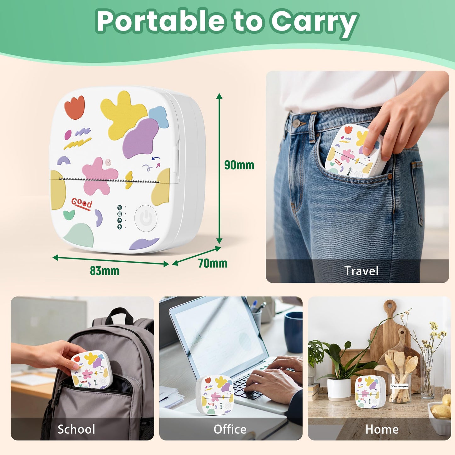Mini Sticker Printer, Mini Thermal Printer with 4 Rolls Paper, Bluetooth Inkless Printpods, Pocket Label Maker Suitable for Creative Kids DIY, Diaries, Study Notes, Photos