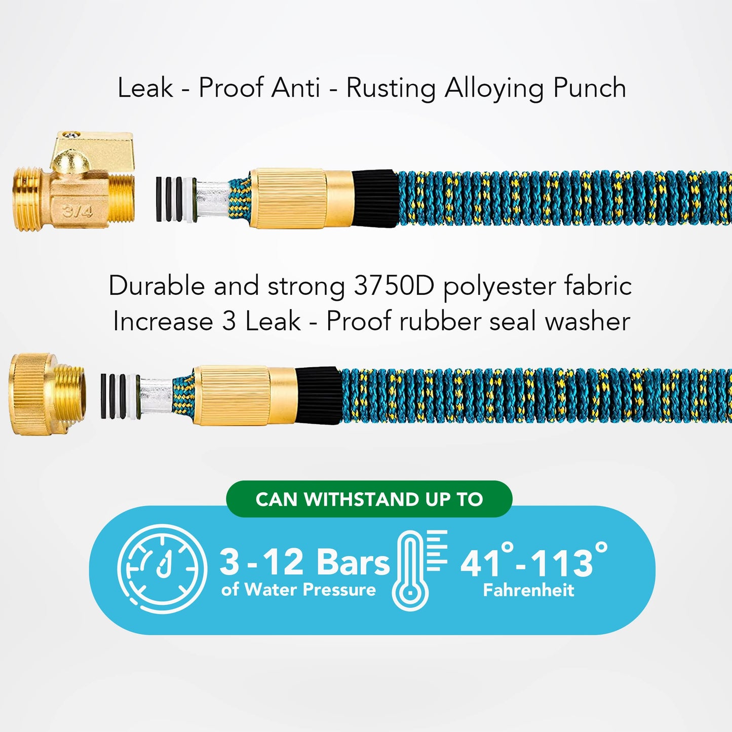 100ft Garden Hose with 10 Function Spray Nozzle, Expandable Garden Hose, 3/4" Easy Removal Solid Brass Connector, Flexible Water Hose, Extra Durable Material, Black&Blue by Luft