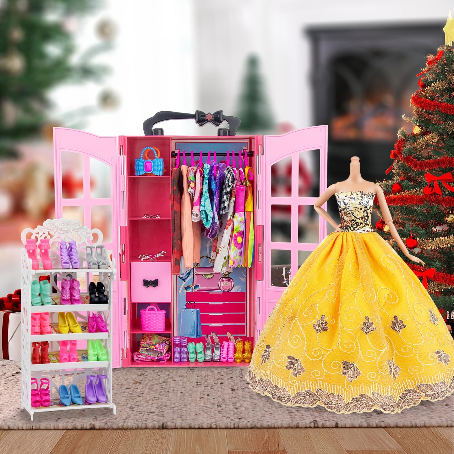 ZITA ELEMENT 120 Pcs Fashion Doll Closet Wardrobe for Clothes and Accessories Storage Include Clothes, Dresses, Shoes, Shoes Rack, Bags, Necklace, Hangers for 11.5 Inch Girl Doll Clothes